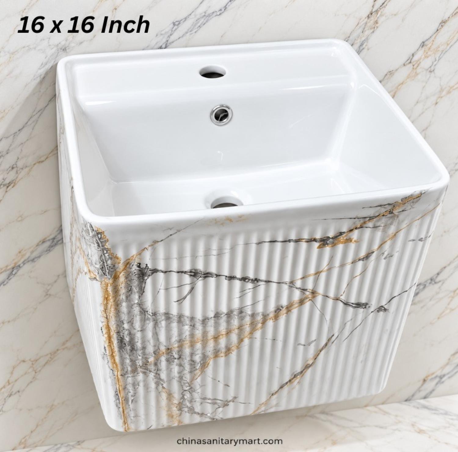 UC 16x16 white marble shed Wall Hung basin, square shape bathroom basin, white basin with gold grey veining, fluted exterior Wall Hung basin, designer square vanity basin