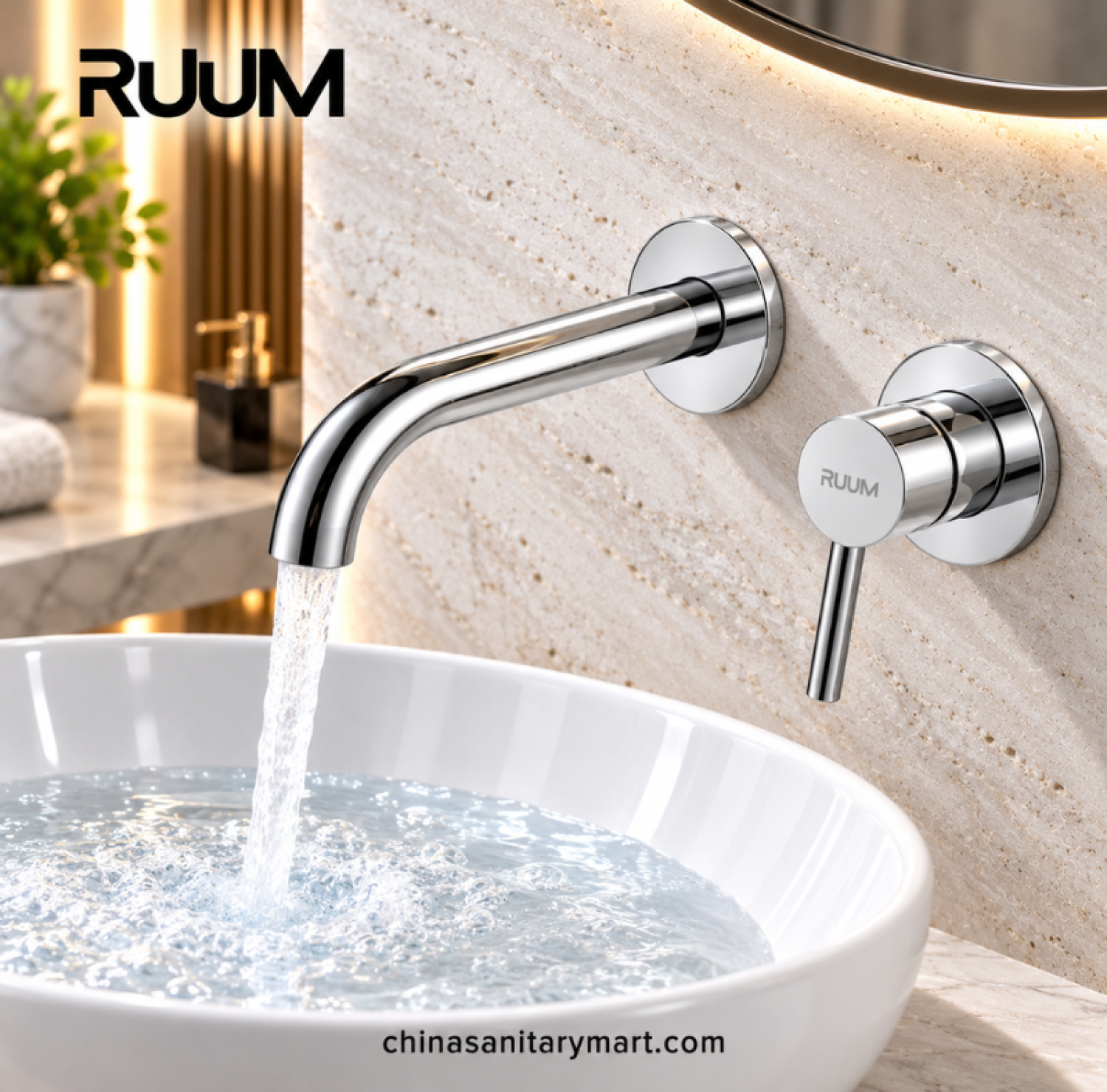 RUUM wall mount swivel basin mixer CP, chrome wall mounted basin faucet, curved spout bathroom mixer, single lever chrome basin tap, modern bathroom faucet
