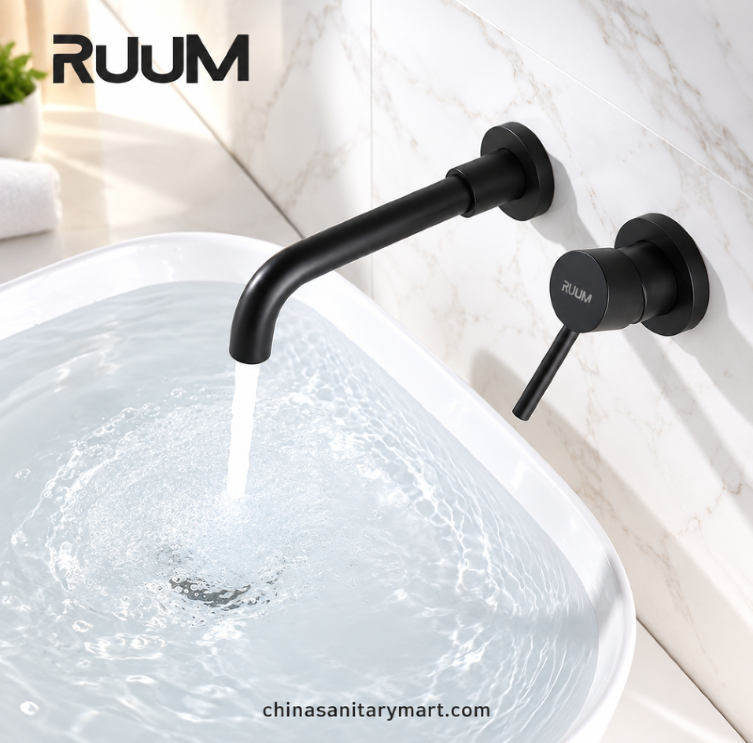 RUUM wall mount swivel basin mixer black, matte black wall mounted basin faucet, curved spout black basin tap, single lever bathroom mixer, modern black bathroom faucet