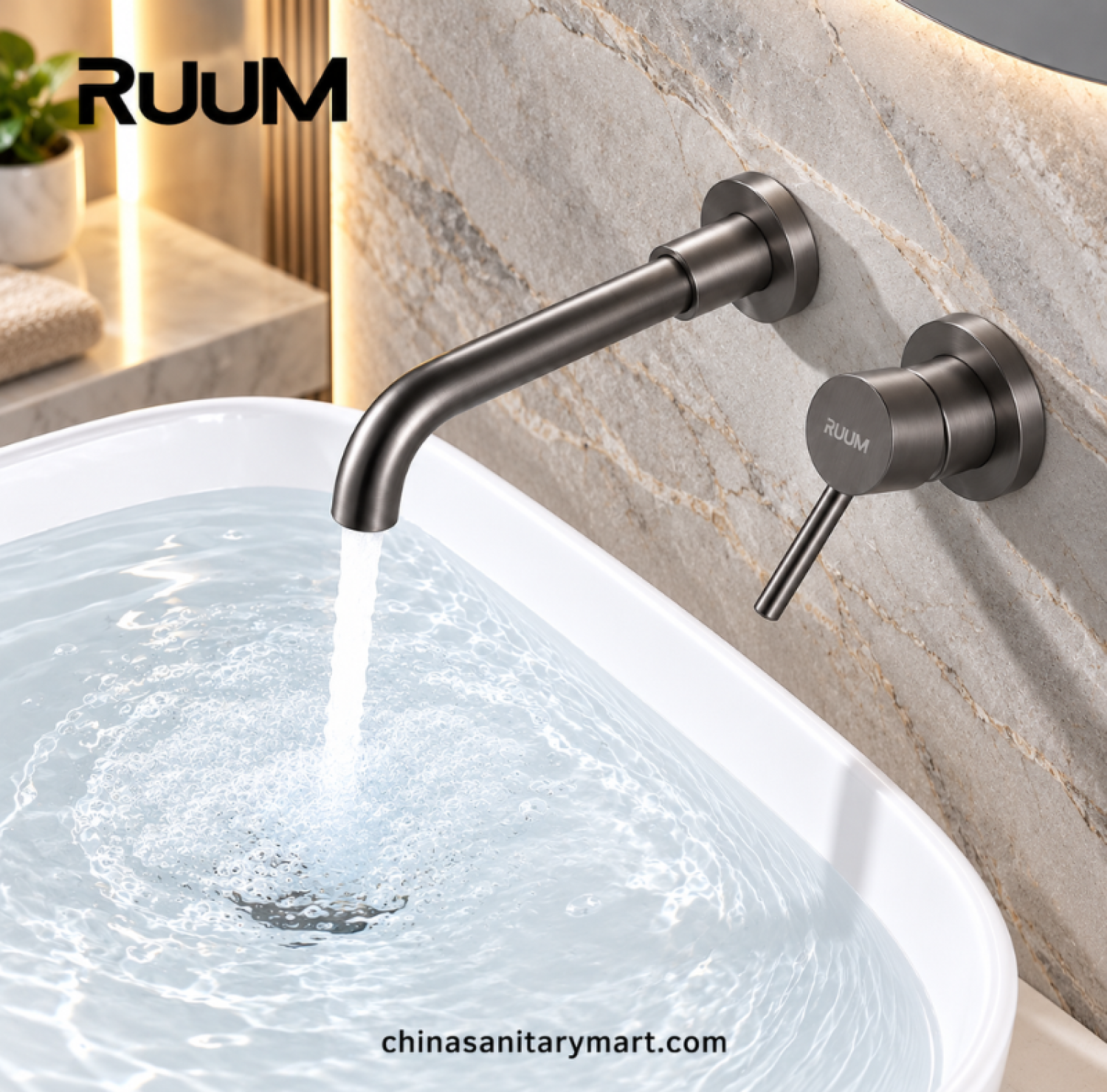 RUUM wall mount swivel basin mixer gunmetal grey, gunmetal grey wall mounted faucet, curved spout basin mixer, single lever bathroom tap, modern gunmetal bathroom faucet