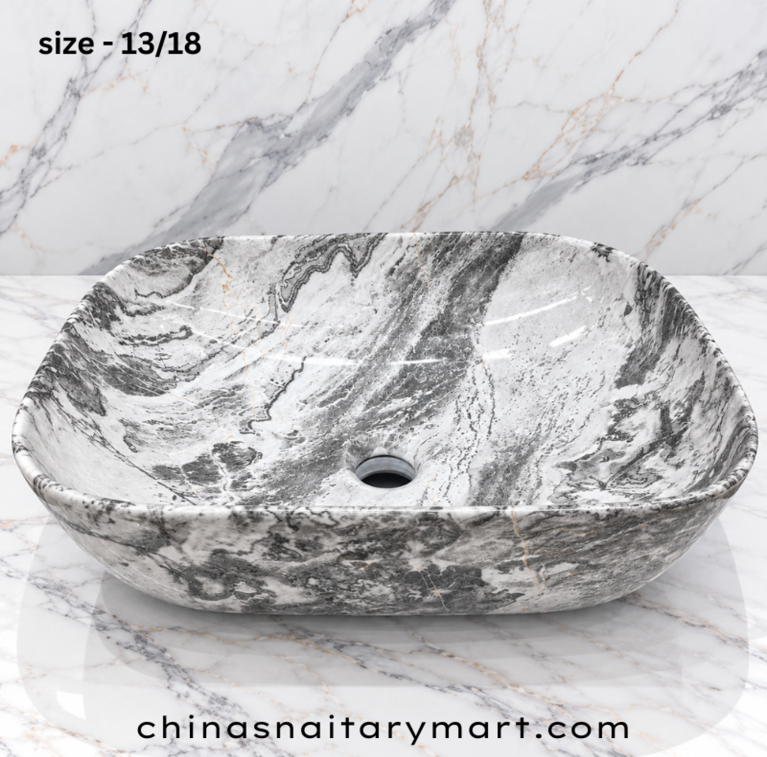 13x18 inch grey and white top basin, grey marble style wash basin, glossy countertop basin, grey white veined bathroom basin, rectangular oval designer basin