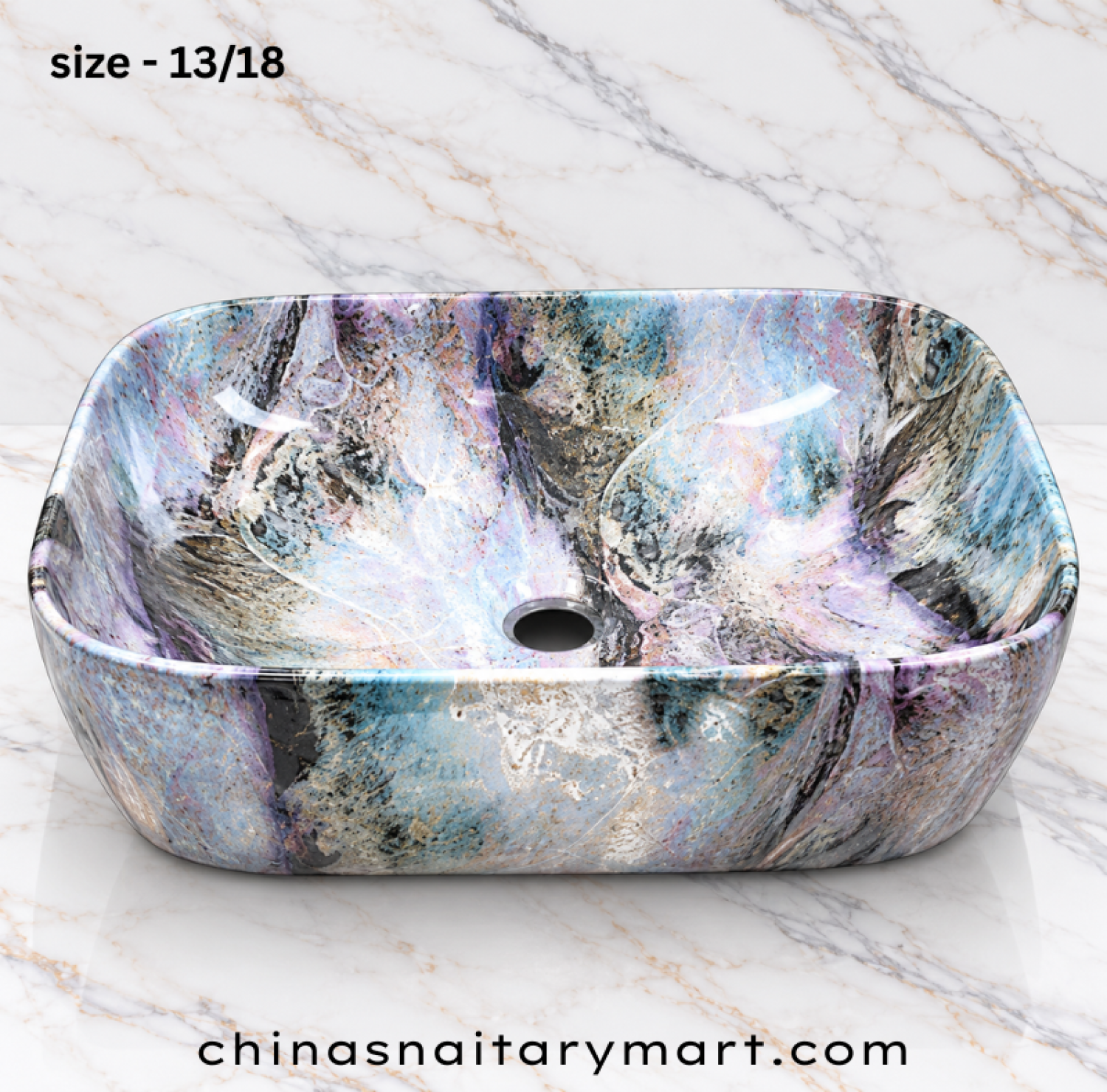 13x18 inch artistic top basin, multicolour marble print wash basin, blue lavender pink countertop basin, glossy designer bathroom basin, rounded rectangular top basin