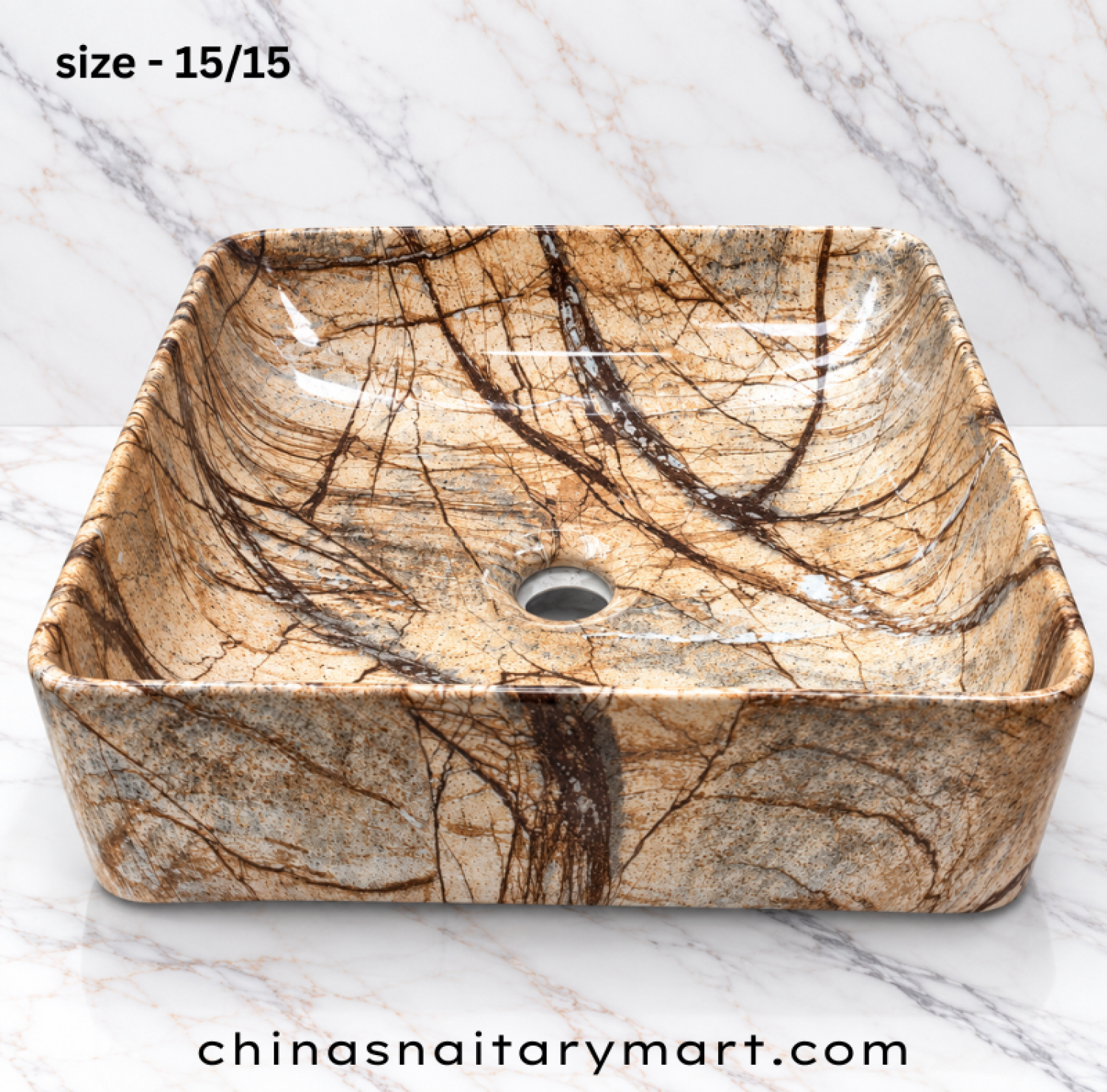 15x15 inch golden brown top basin, square marble print wash basin, beige cream brown countertop basin, glossy designer bathroom basin, artistic marble style square basin