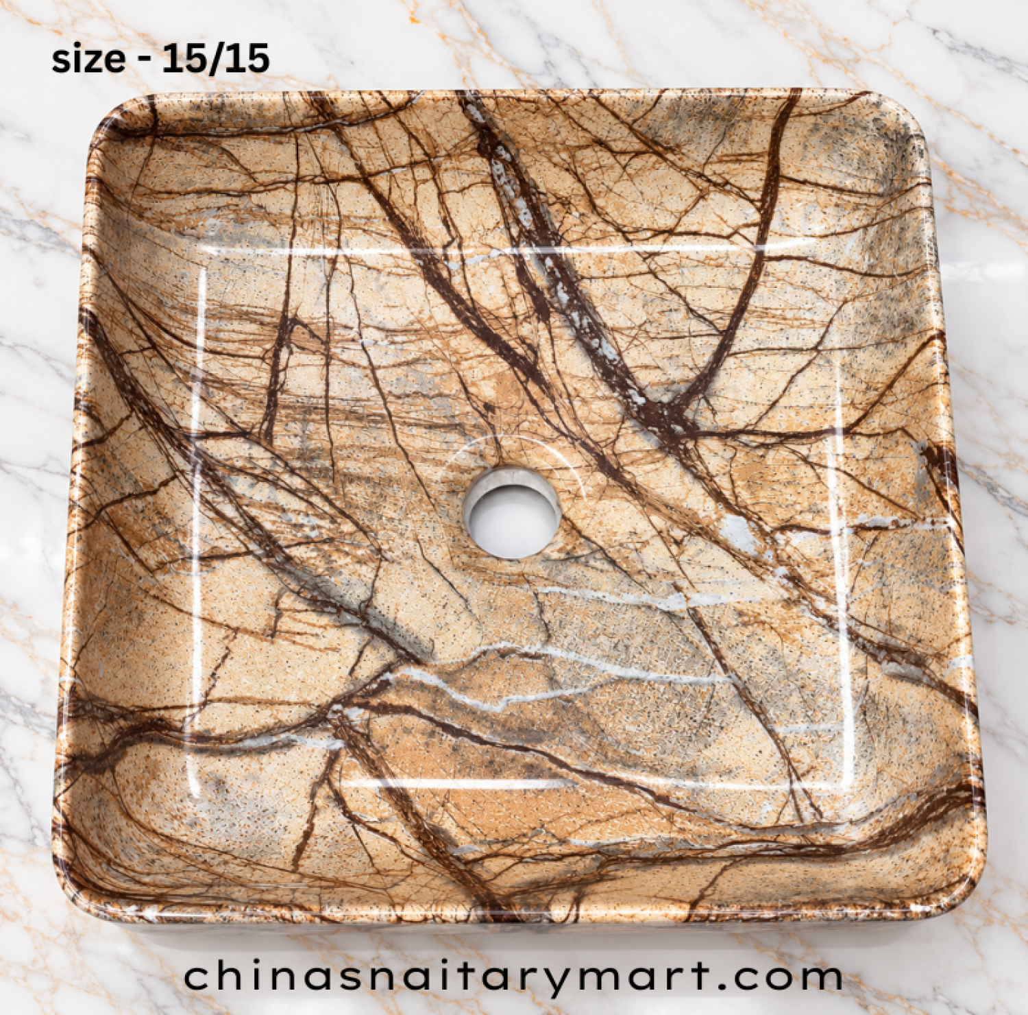 15x15 inch golden brown top basin, square marble print wash basin, beige cream brown countertop basin, glossy designer bathroom basin, artistic marble style square basin
