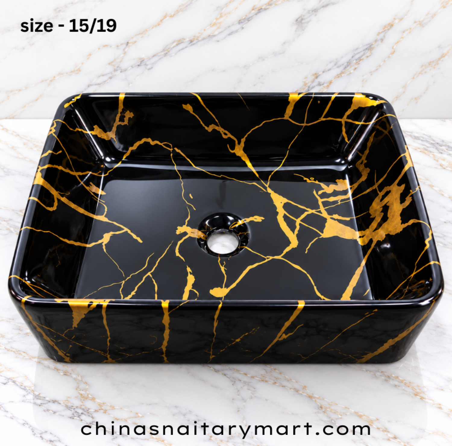 15x19 inch black gold top basin, rectangular black marble print wash basin, golden vein countertop basin, glossy black designer bathroom basin, luxury black and gold wash basin