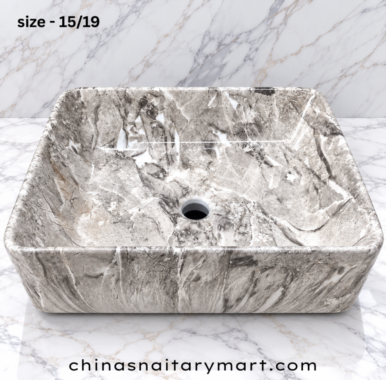 15x19 inch grey marble shed top basin, rectangular grey marble wash basin, glossy grey patterned countertop basin, grey white taupe designer basin, modern bathroom top basin