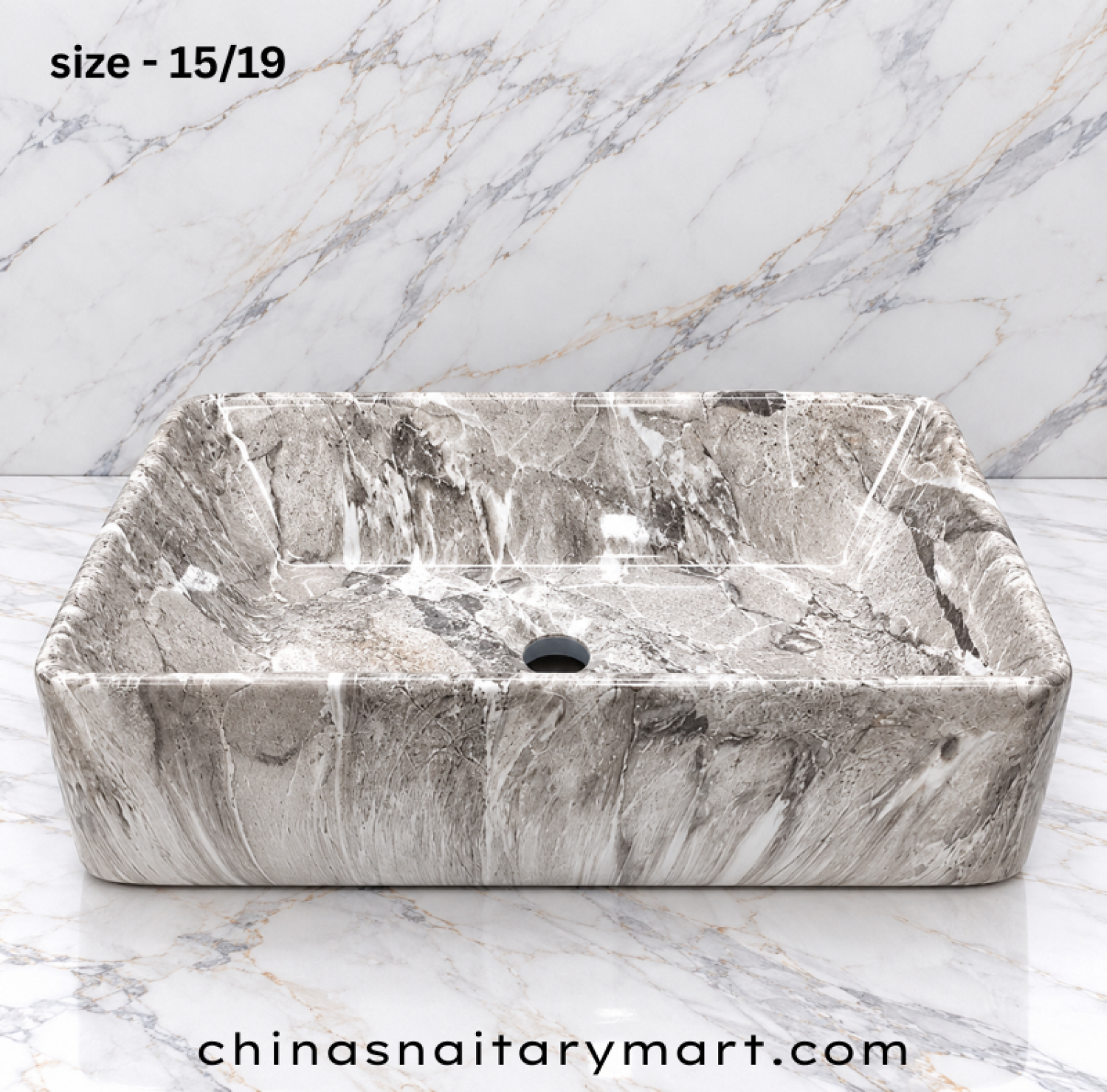 15x19 inch grey marble shed top basin, rectangular grey marble wash basin, glossy grey patterned countertop basin, grey white taupe designer basin, modern bathroom top basin