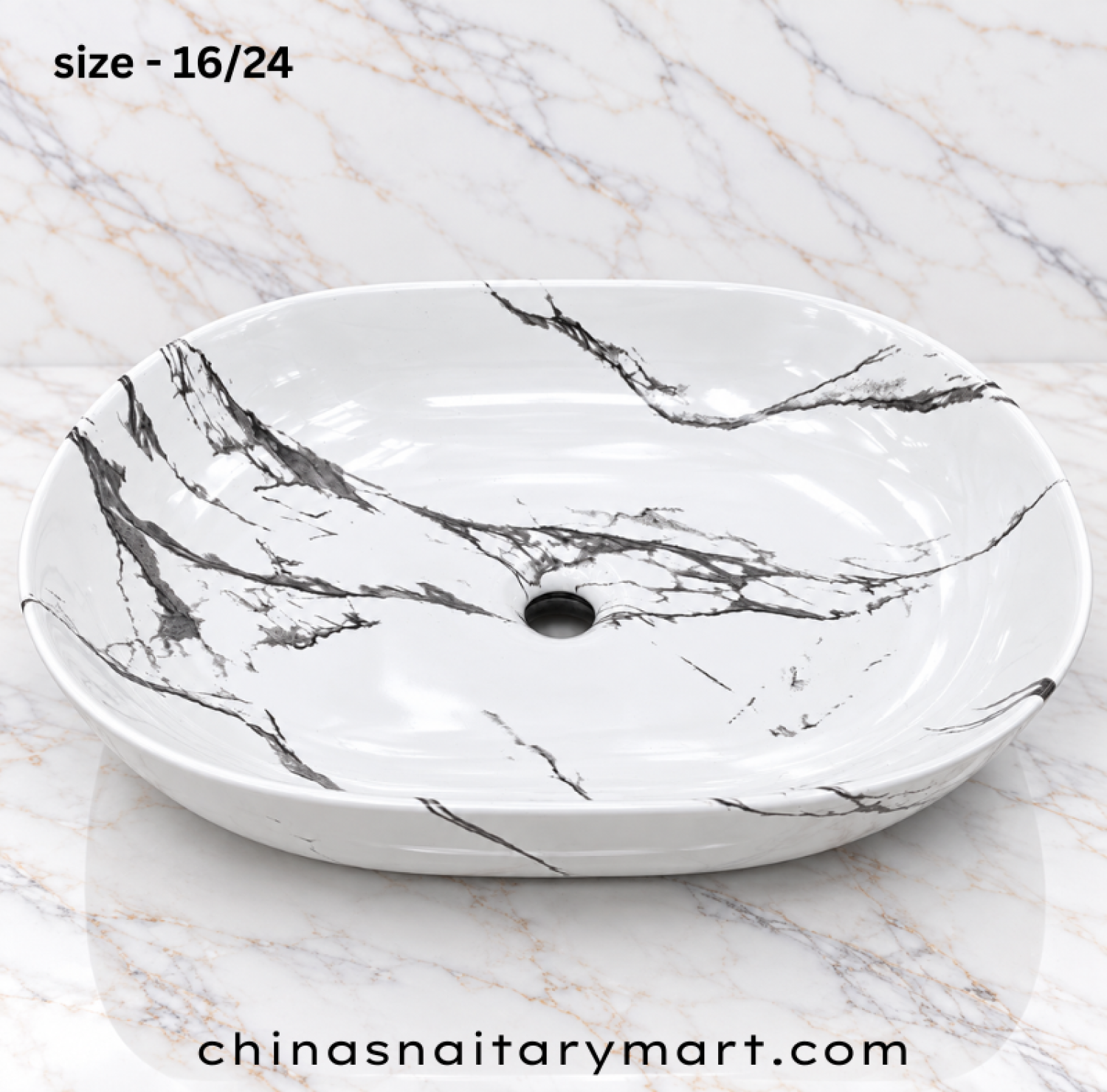 16x24 inch white marble shed top basin, capsule shape white wash basin, black grey marble vein countertop basin, glossy oval designer basin, modern bathroom top basin