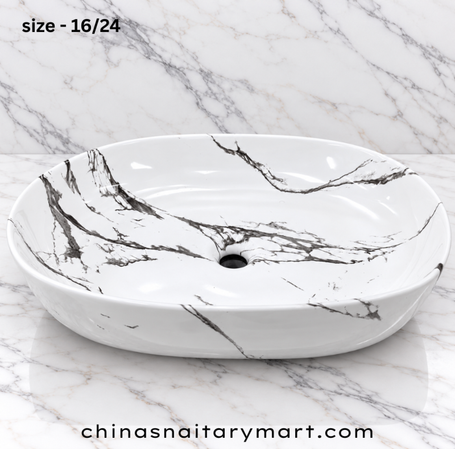 16x24 inch white marble shed top basin, capsule shape white wash basin, black grey marble vein countertop basin, glossy oval designer basin, modern bathroom top basin