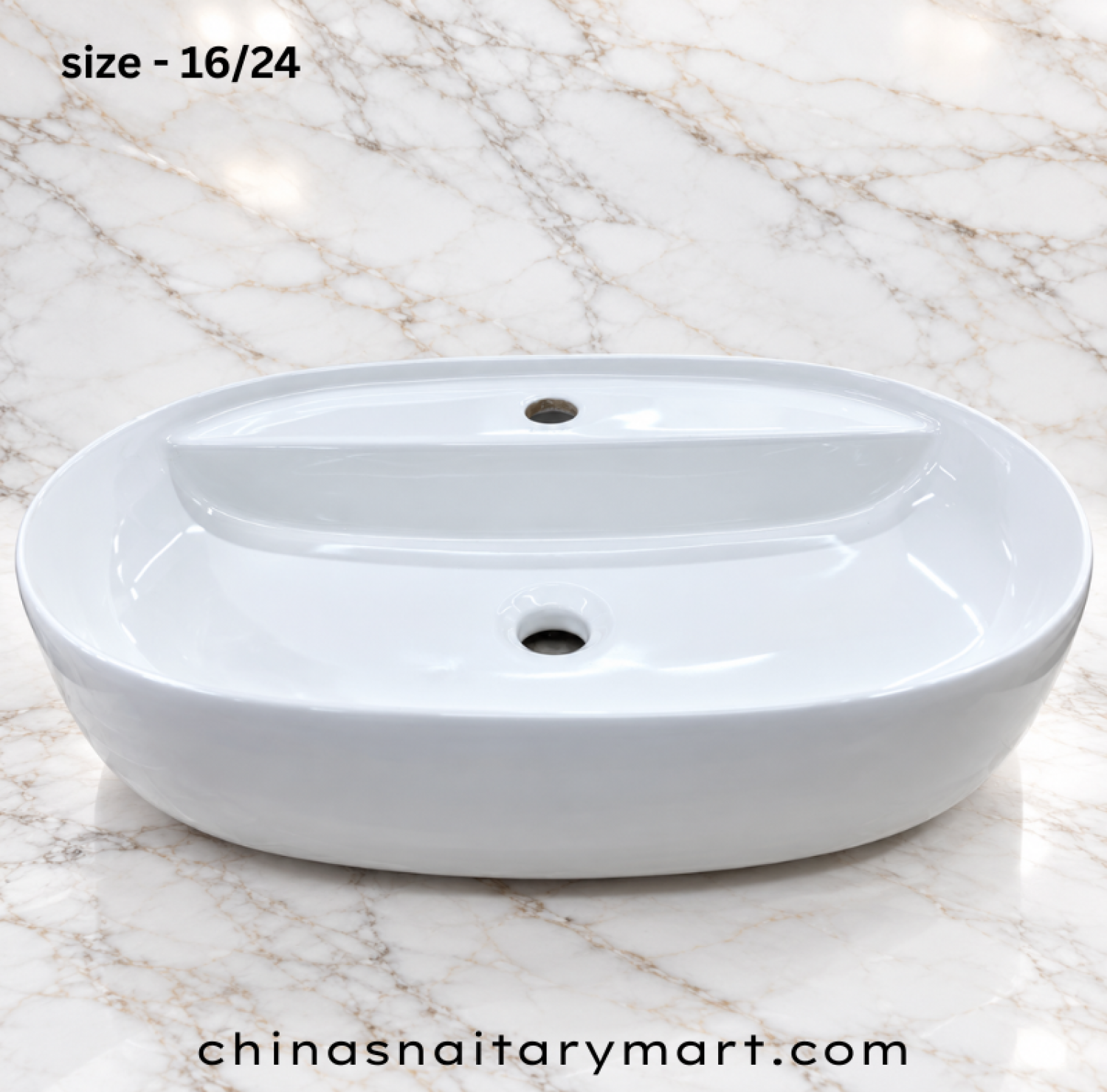 ORI-2301A 16x24 inch white top basin, glossy white oval wash basin, elongated countertop basin, raised rear platform basin, modern white bathroom vanity basin