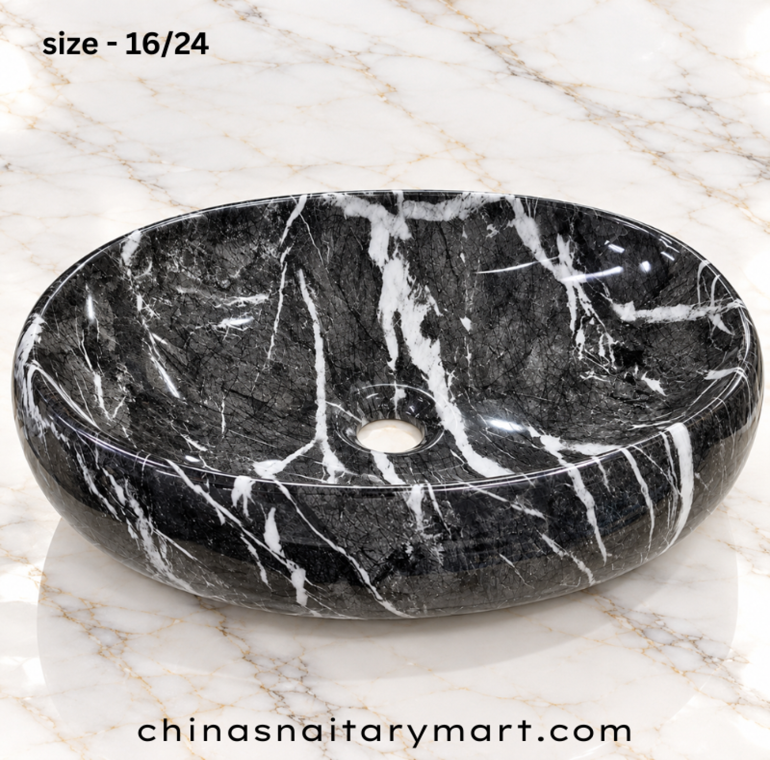 ORI-M396-6 16x24 inch black marble top basin, black oval marble wash basin, black and white marble shed basin, glossy black countertop basin, designer oval bathroom basin