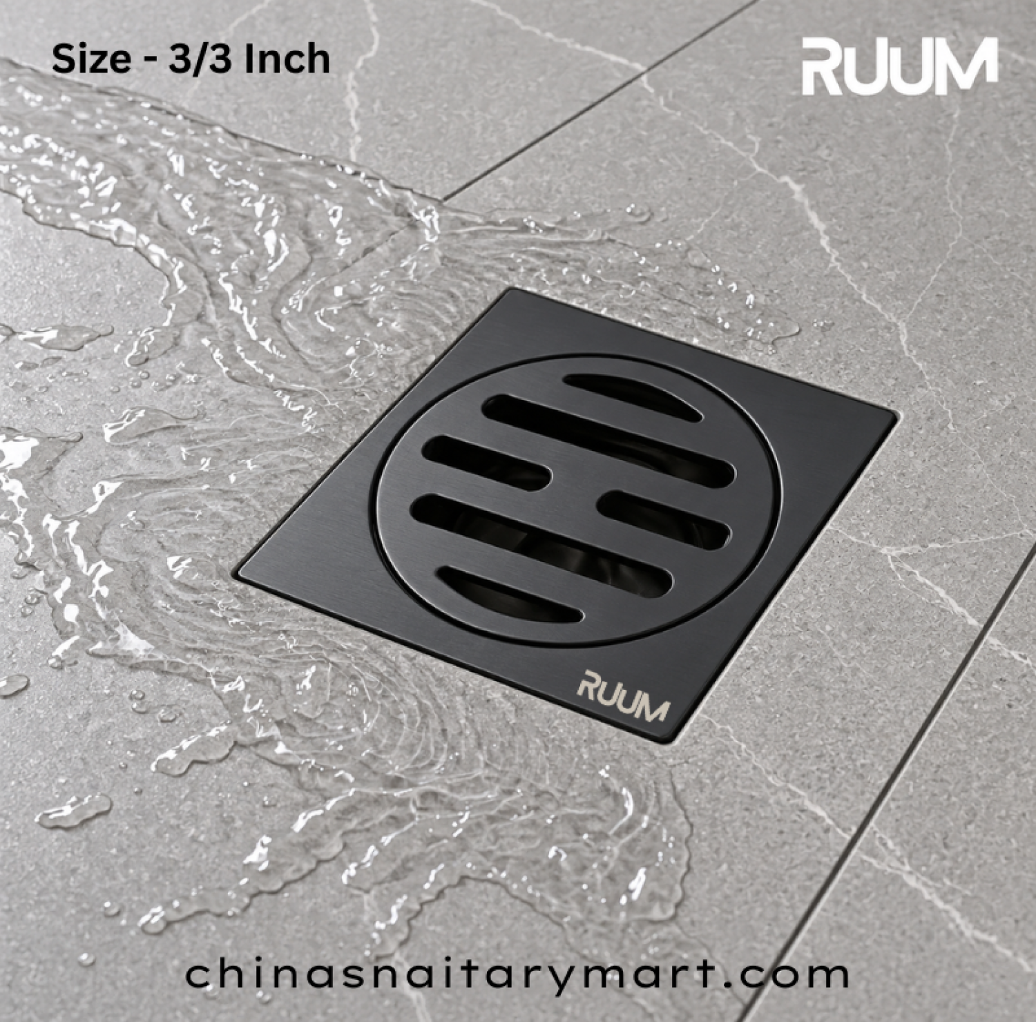 RUUM 3x3 inch black floor drain, black square bathroom drain, 75x75 mm floor drain, circular slotted drain cover, modern black shower drain