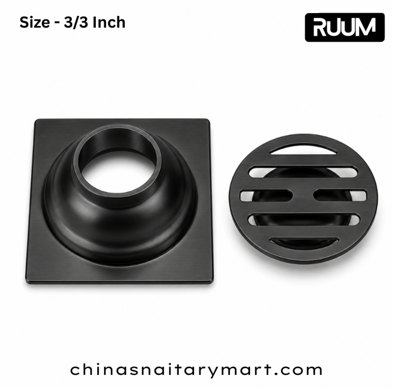 RUUM 3x3 inch black floor drain, black square bathroom drain, 75x75 mm floor drain, circular slotted drain cover, modern black shower drain