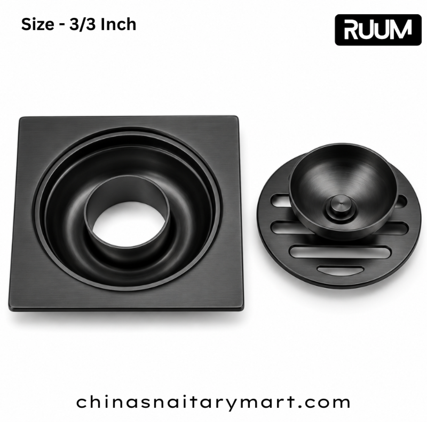 RUUM 3x3 inch black floor drain, black square bathroom drain, 75x75 mm floor drain, circular slotted drain cover, modern black shower drain