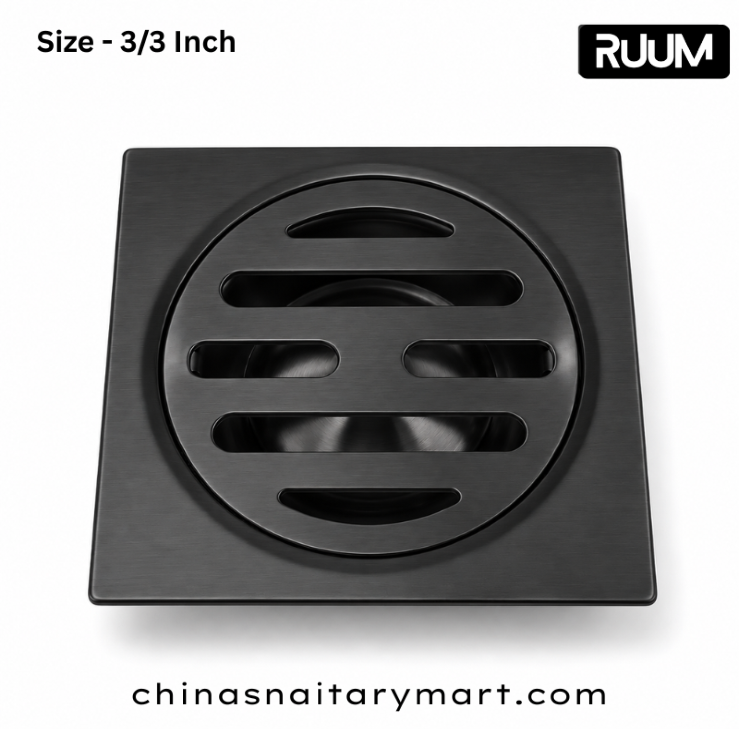 RUUM 3x3 inch black floor drain, black square bathroom drain, 75x75 mm floor drain, circular slotted drain cover, modern black shower drain