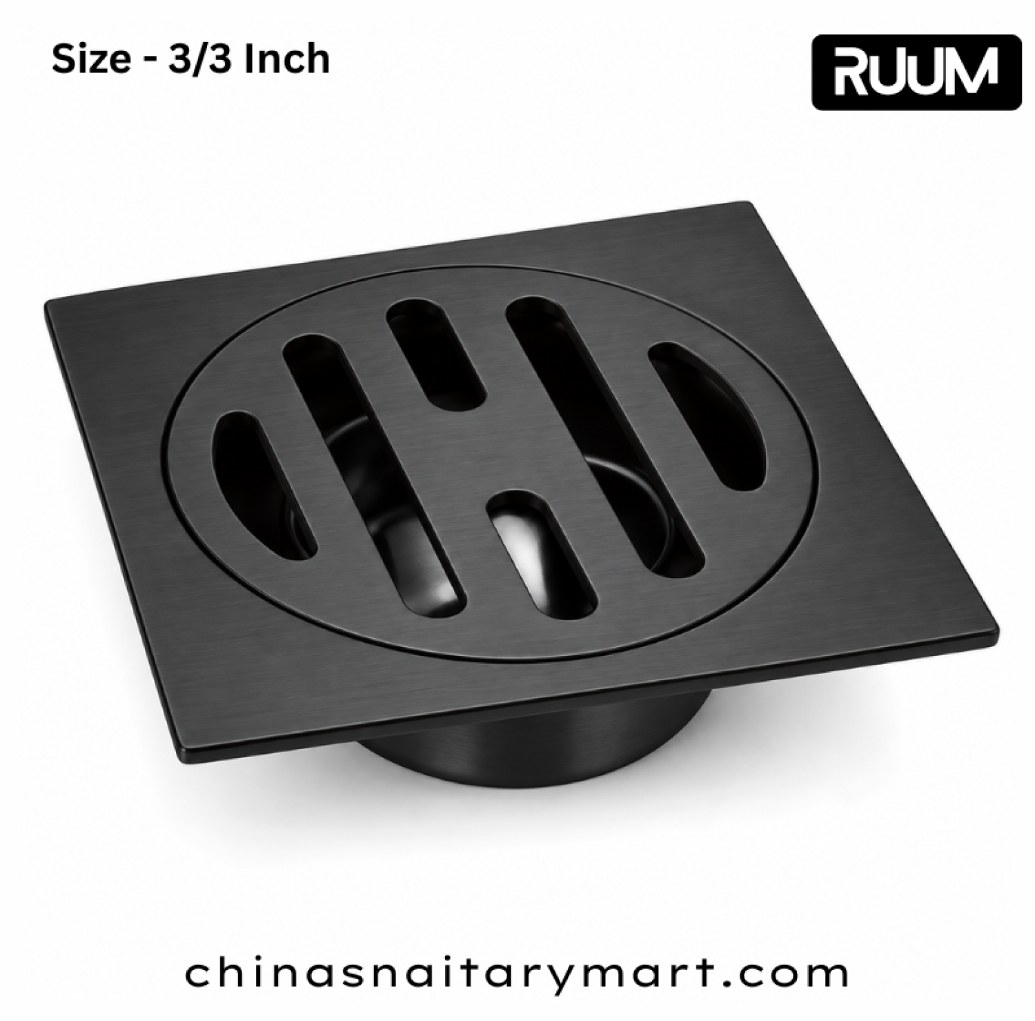 RUUM 3x3 inch black floor drain, black square bathroom drain, 75x75 mm floor drain, circular slotted drain cover, modern black shower drain