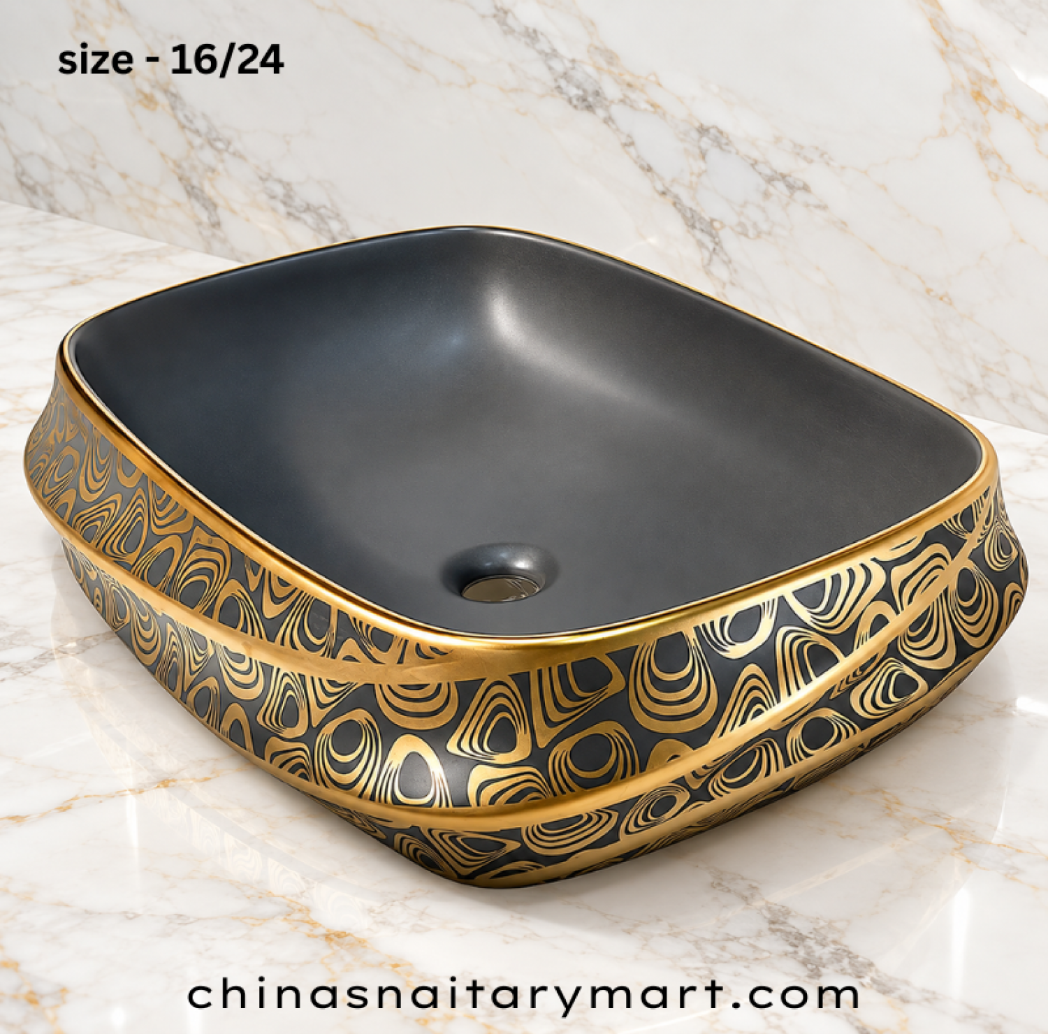 16x24 inch grey and gold top basin, rectangular grey wash basin, gold and black patterned basin, luxury designer countertop basin, grey basin with gold rim