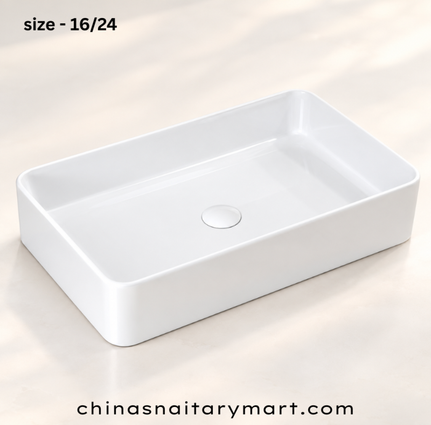 IS-A3068 16 × 24 Inch White Marble Top Basin with premium ceramic construction, glossy white finish, rectangular countertop design, spacious wash bowl, scratch-resistant surface, and modern luxury bathroom for residential and commercial use.