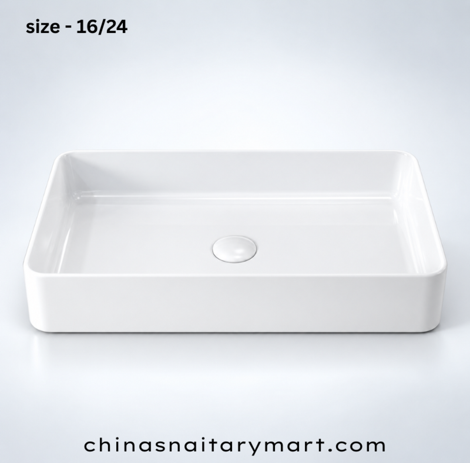 IS-A3068 16 × 24 Inch White Marble Top Basin with premium ceramic construction, glossy white finish, rectangular countertop design, spacious wash bowl, scratch-resistant surface, and modern luxury bathroom for residential and commercial use.