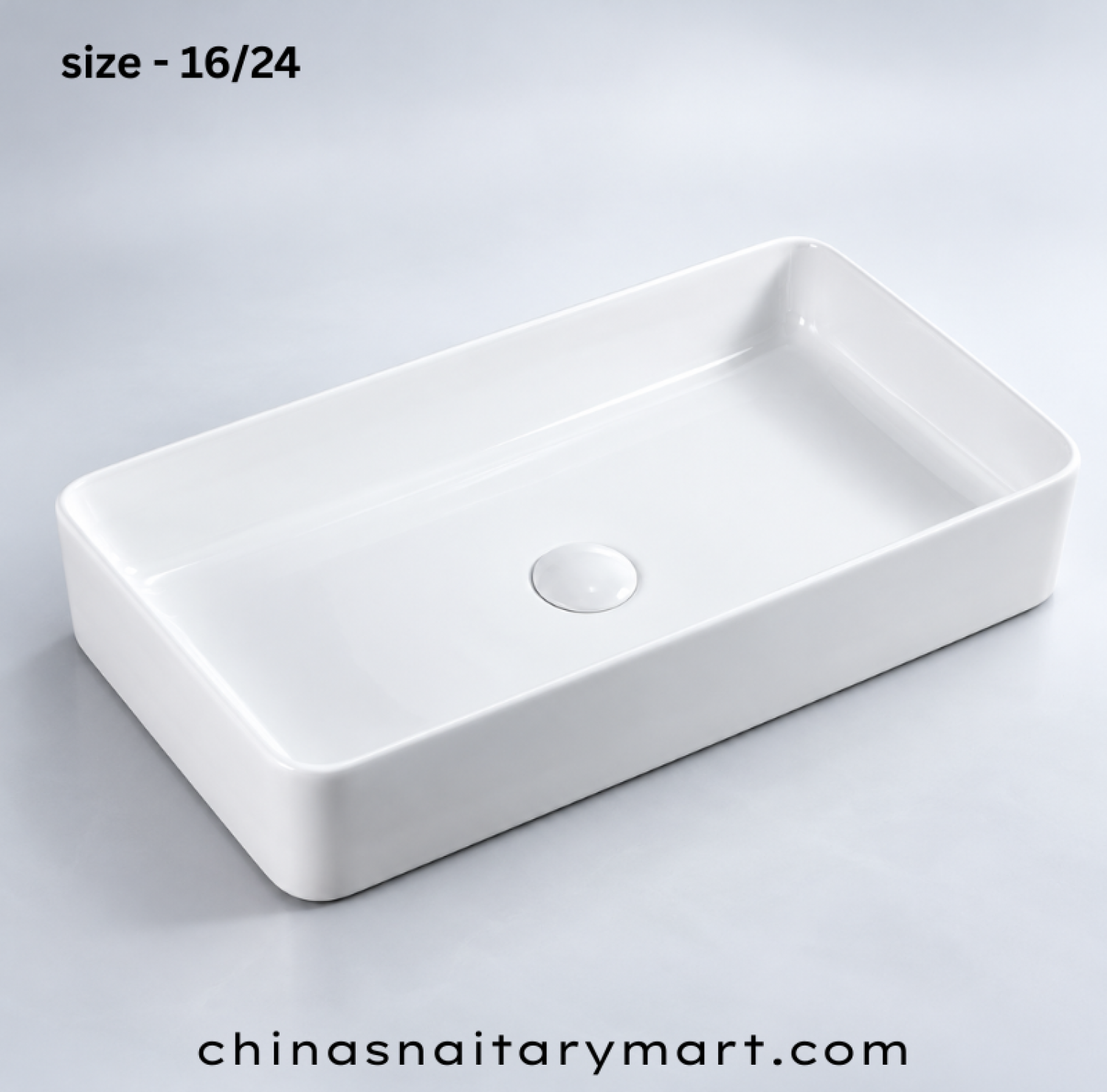 IS-A3068 16 × 24 Inch White Marble Top Basin with premium ceramic construction, glossy white finish, rectangular countertop design, spacious wash bowl, scratch-resistant surface, and modern luxury bathroom for residential and commercial use.