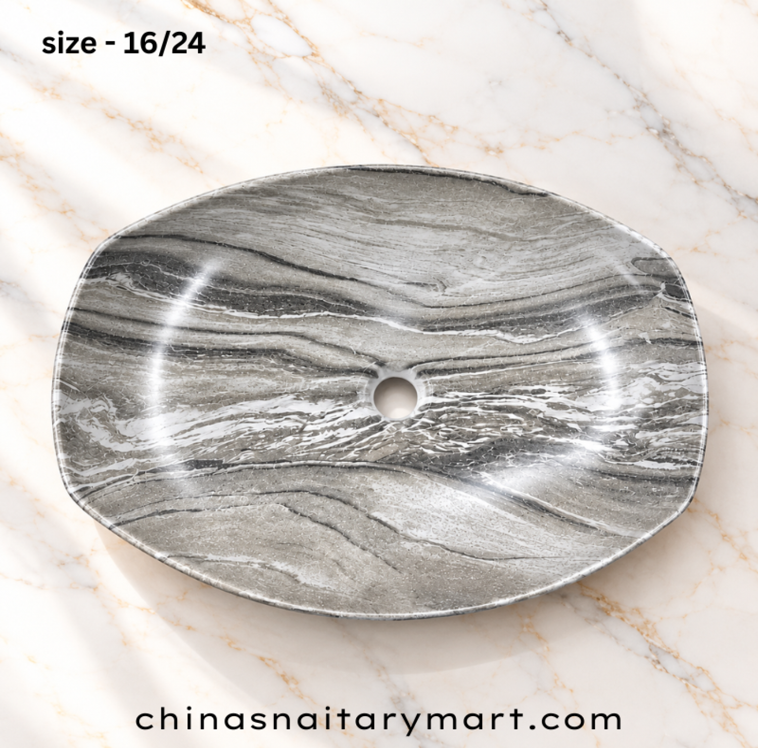 IS-A5166MB 16×22 Inch Matte Grey Marble Shed Top Basin with premium ceramic construction, natural grey marble finish, luxury countertop design
