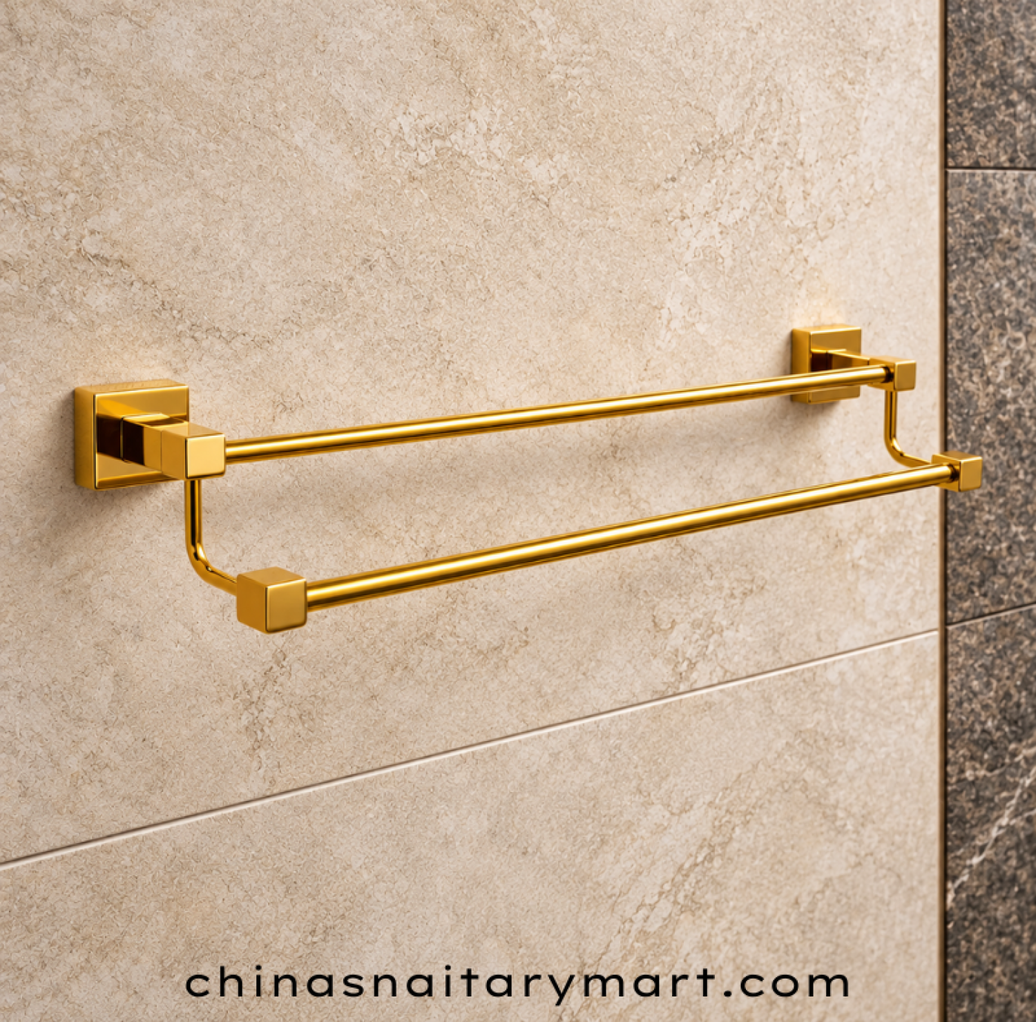 golden double rail towel rack, gold wall mounted towel holder, double bar golden bathroom rack, luxury golden towel rack with square brackets