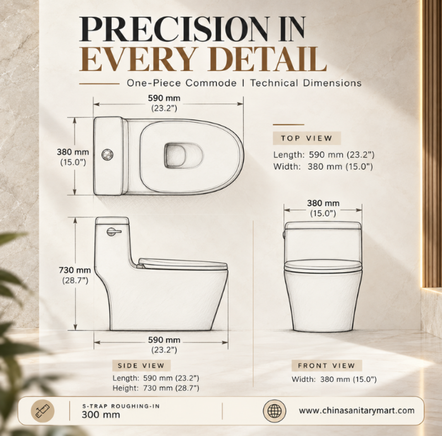 W-564 one piece commode, 590x380x730mm white toilet, S-trap commode 300mm roughing-in, glossy white ceramic toilet, modern floor-mounted commode