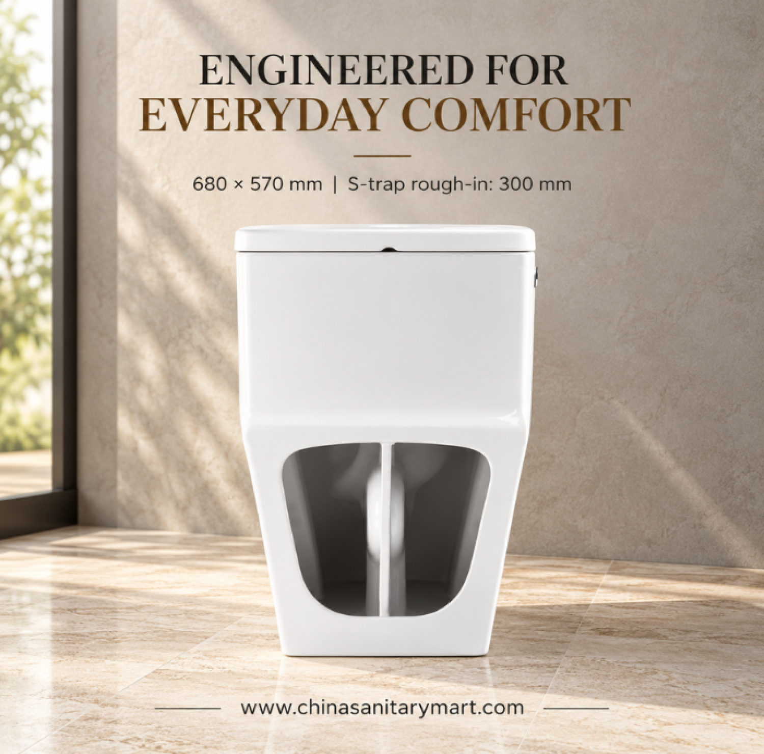 W-564 one piece commode, 590x380x730mm white toilet, S-trap commode 300mm roughing-in, glossy white ceramic toilet, modern floor-mounted commode