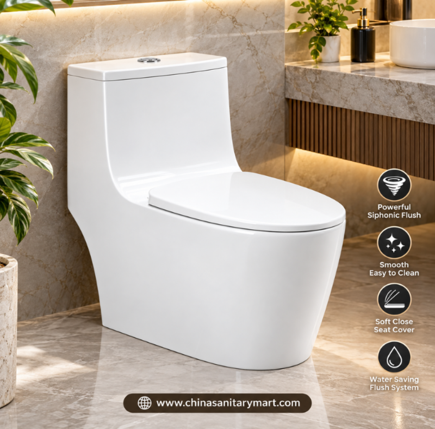 W-210 one piece commode, glossy white siphonic jet flush toilet, rimless floor mounted toilet, soft close toilet seat, modern water saving commode Bangladesh