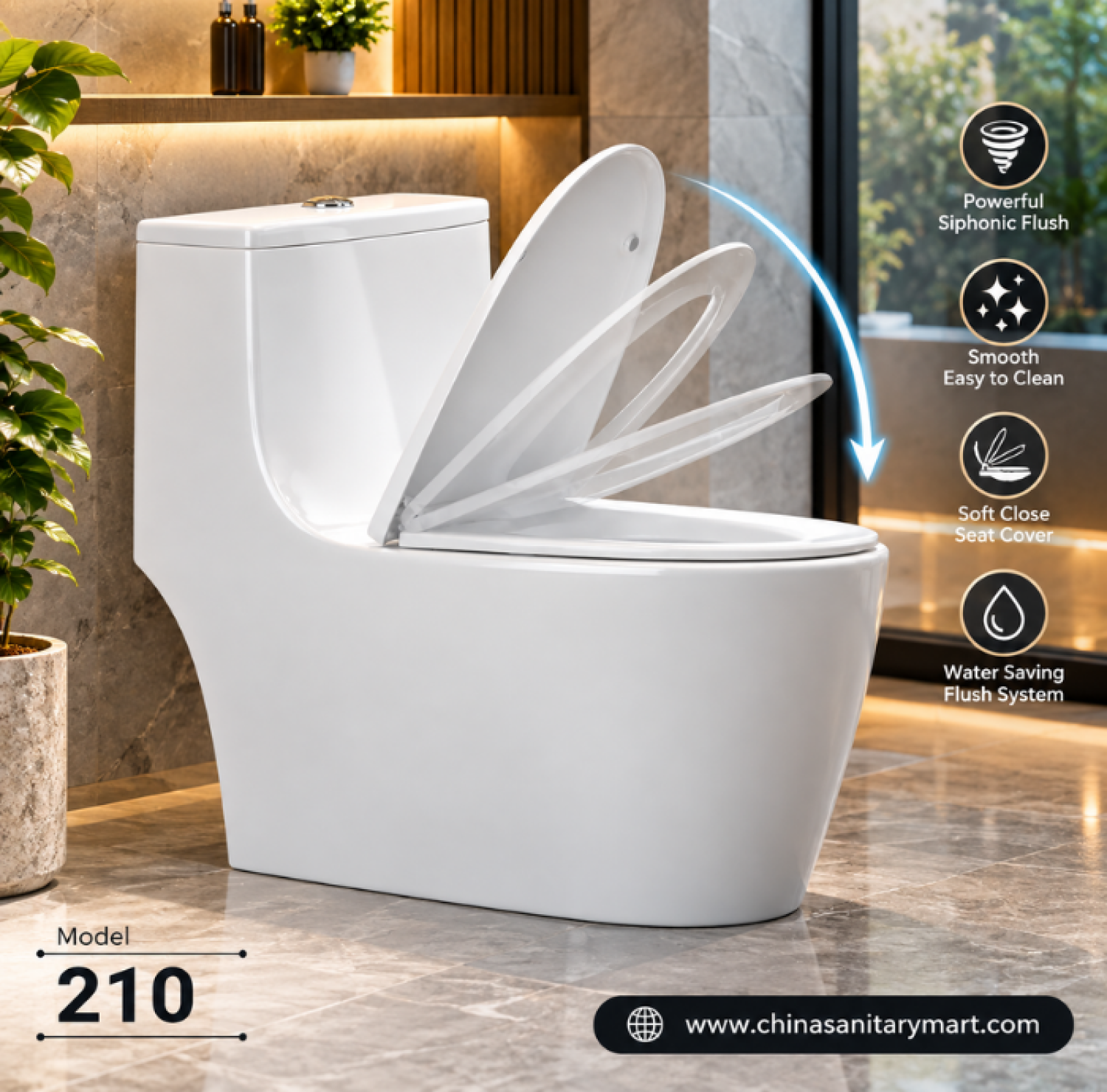 W-210 one piece commode, glossy white siphonic jet flush toilet, rimless floor mounted toilet, soft close toilet seat, modern water saving commode Bangladesh