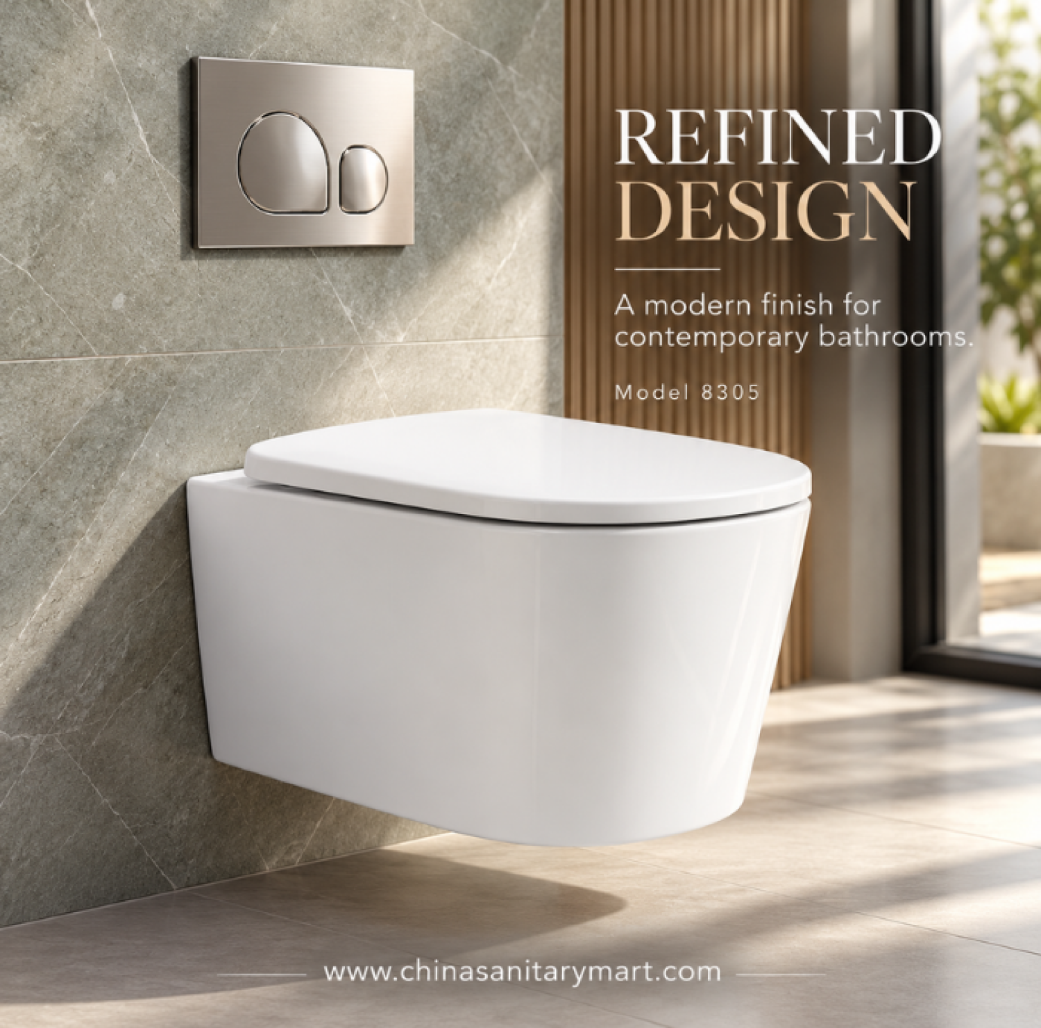 W-8305 wall hung commode, glossy white wall mounted toilet, modern ceramic wall hung toilet, space saving bathroom commode, concealed cistern toilet, China Sanitary Mart