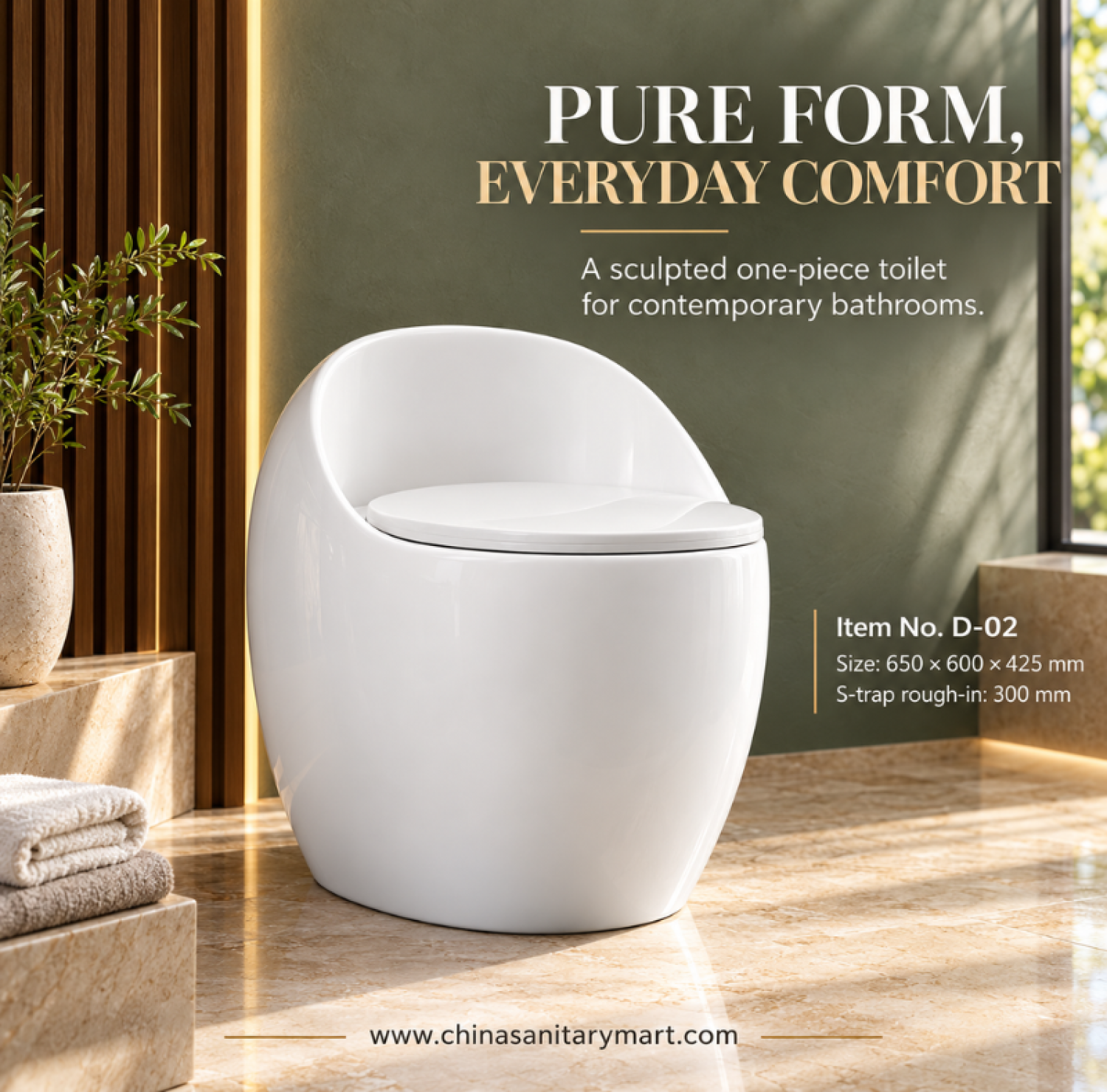 W-D02 white egg shape commode, egg shaped one piece toilet, glossy white ceramic commode, rimless flushing toilet, S-trap toilet 300mm rough-in, 650x600x425mm commode