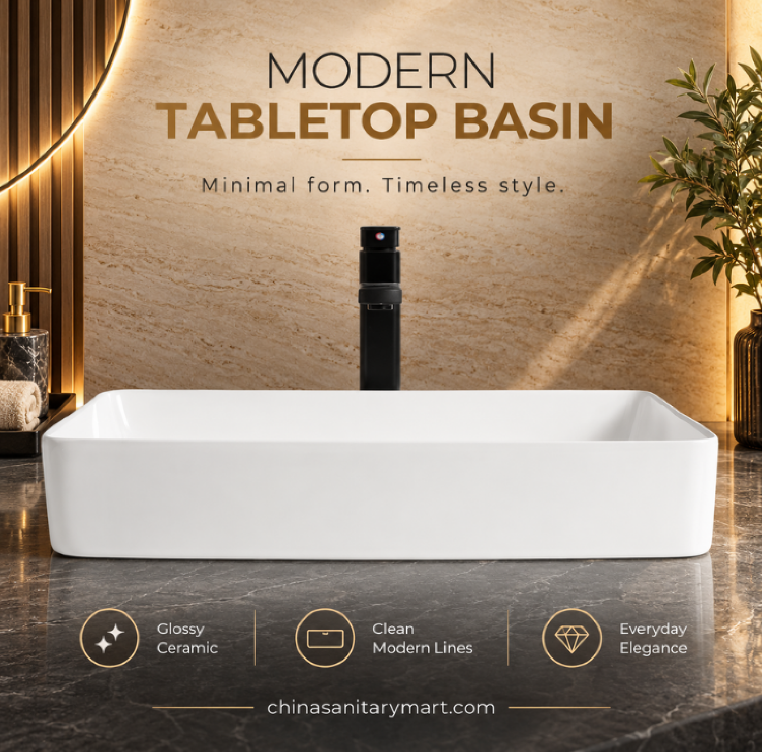 W-9504 24x14 inch tabletop basin, rectangular white ceramic wash basin, glossy countertop basin, modern bathroom vanity basin, 24 inch rectangular wash basin