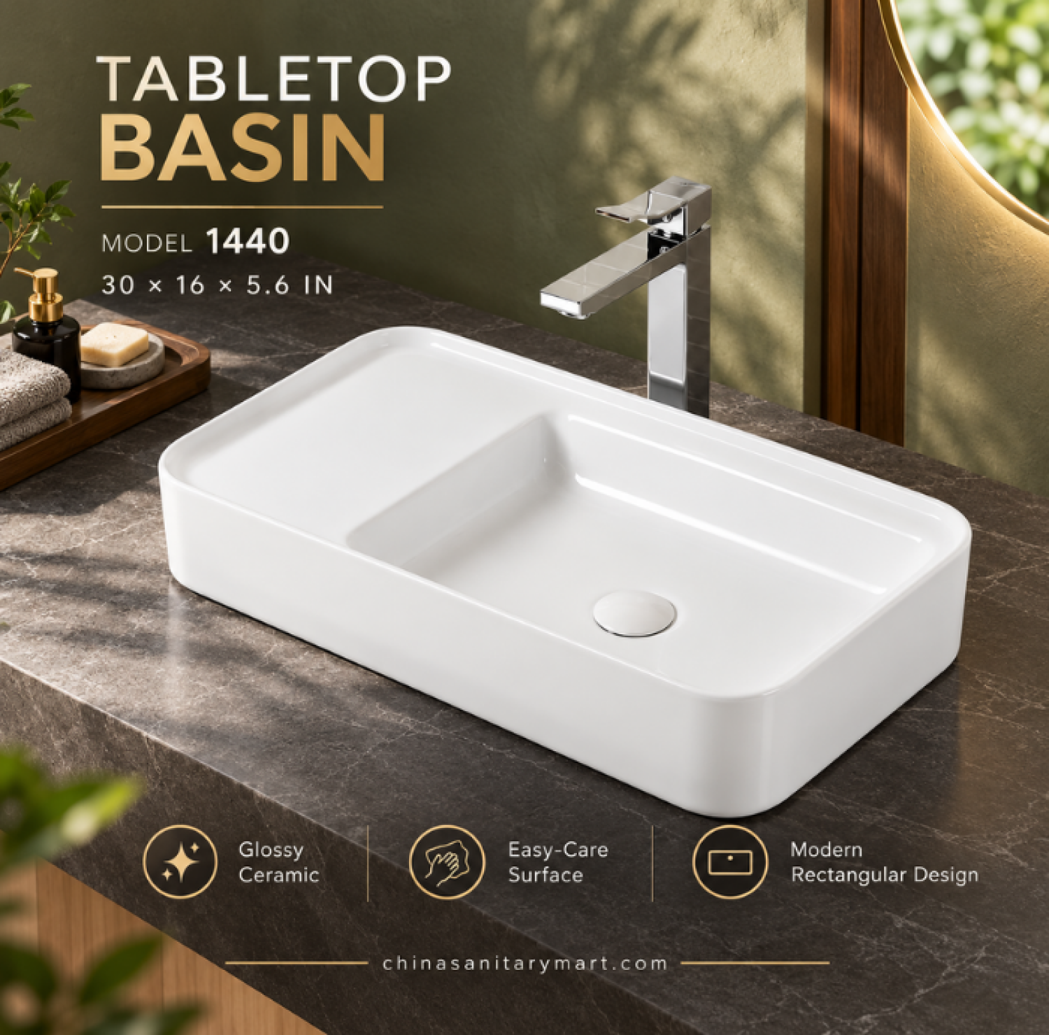 W-1440 white ceramic table top basin, 30x16x5.6 inch wash basin, large white countertop basin, modern ceramic vanity basin, bathroom wash basin Bangladesh