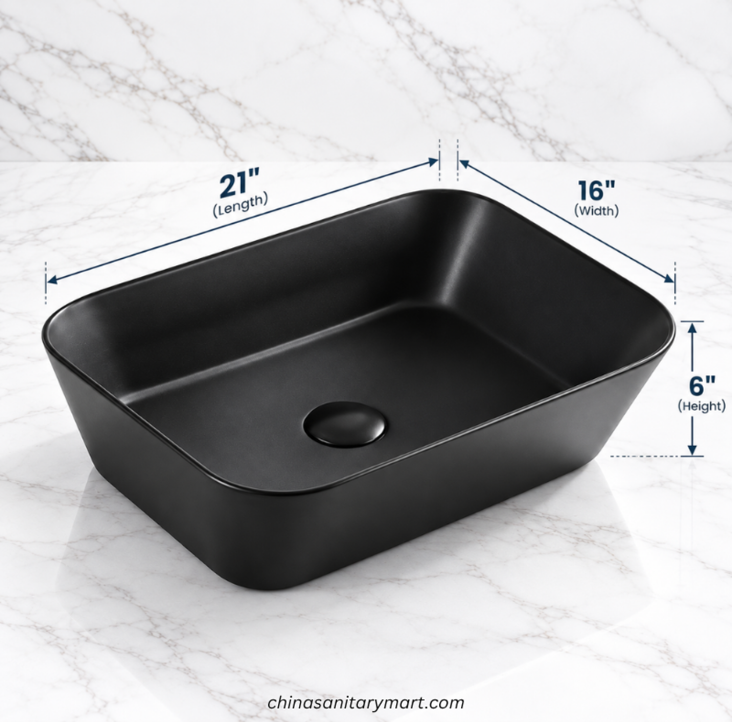A160B black top basin, 16×21 inch rectangular wash basin, black countertop basin, modern black bathroom basin, 6 inch high black top basin