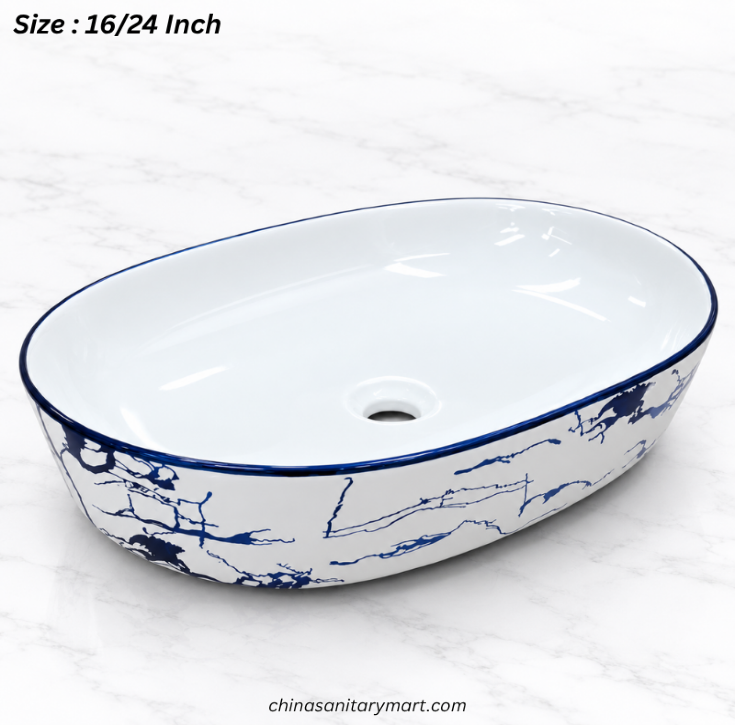 A084GE blue marble design art basin, 16×24 inch oval basin, white basin with blue marble pattern, blue rim countertop basin, designer bathroom wash basin