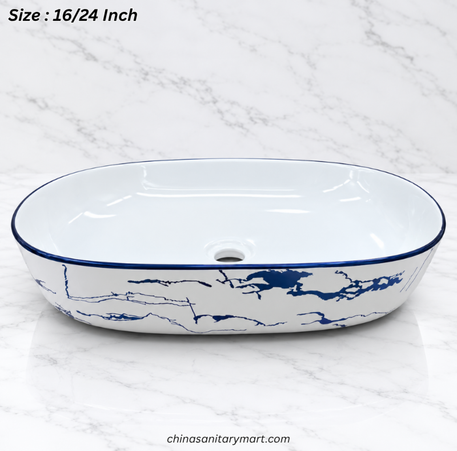 A084GE blue marble design art basin, 16×24 inch oval basin, white basin with blue marble pattern, blue rim countertop basin, designer bathroom wash basin