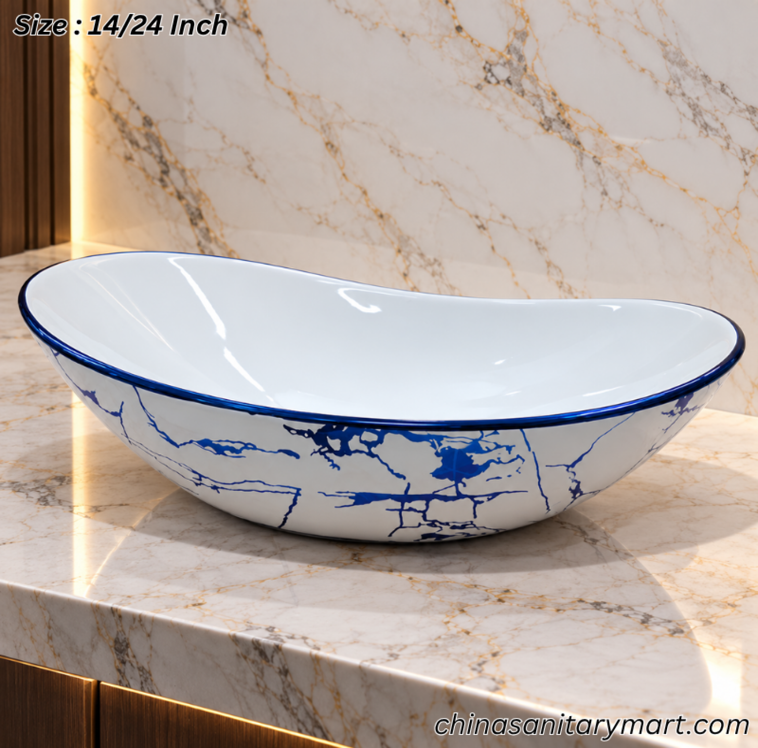 A888GBA blue marble design art basin, 14×24 inch oval wash basin, white basin with blue marble pattern, blue rim countertop basin, designer bathroom basin Bangladesh