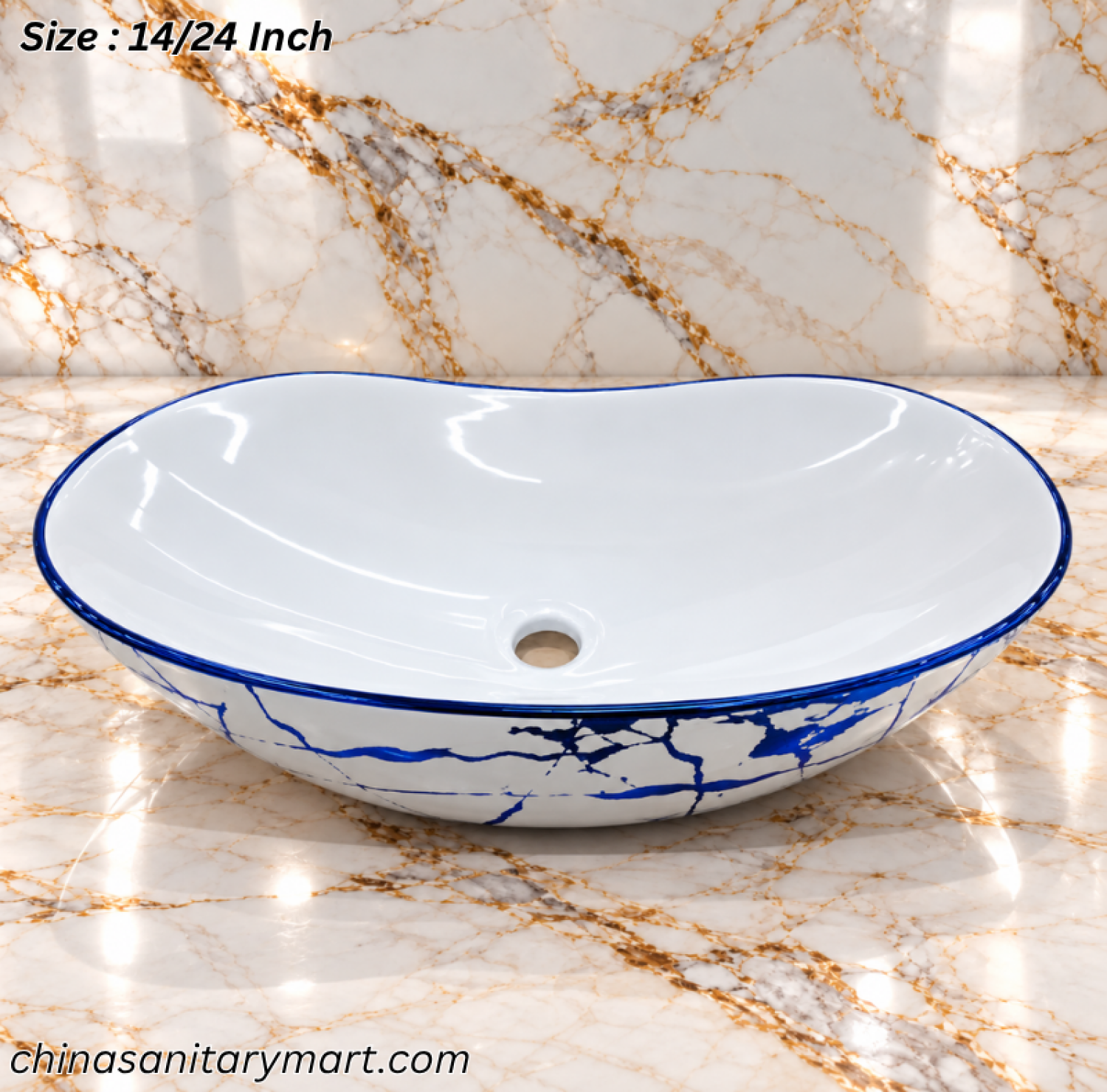 A888GBA blue marble design art basin, 14×24 inch oval wash basin, white basin with blue marble pattern, blue rim countertop basin, designer bathroom basin Bangladesh