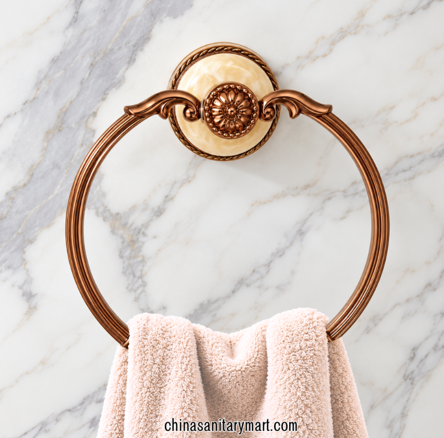 ivory marble towel ring rose golden, rose gold circular towel holder, decorative marble effect towel ring, ornamental bathroom towel holder, luxury rose golden bathroom accessory