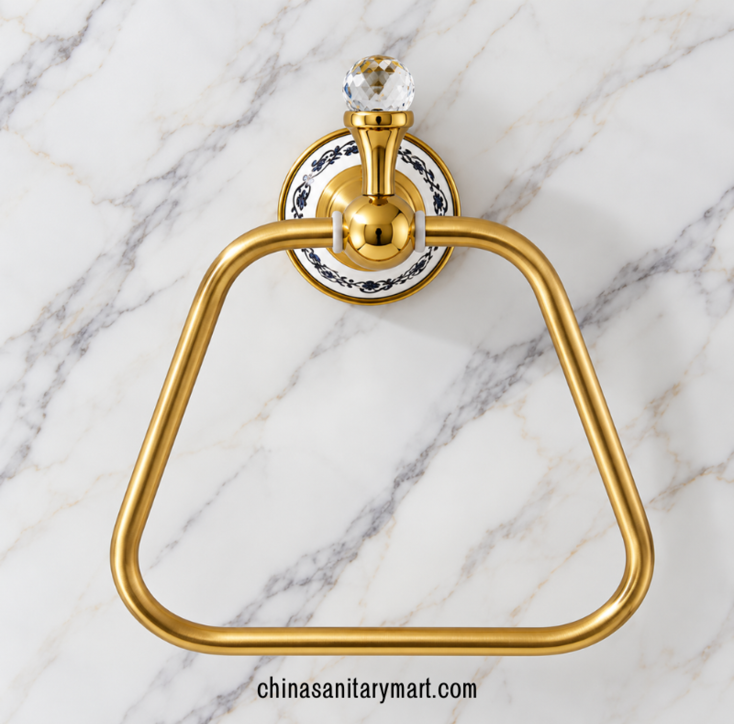 white marble and stone golden towel ring, decorative gold towel holder, triangular golden bathroom towel ring, marble base towel ring, luxury bathroom towel accessory