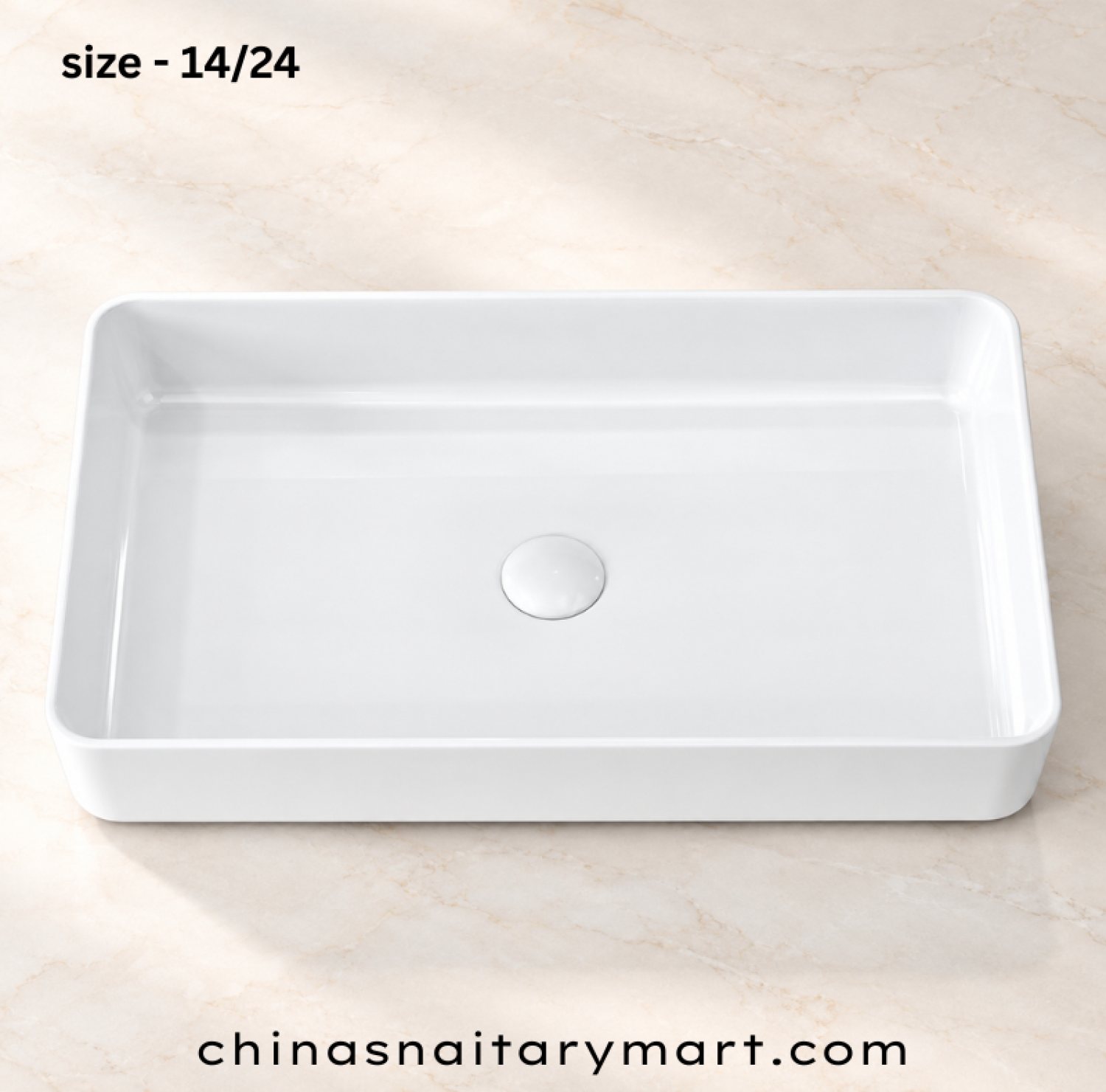 IS-A3068 14 × 24 Inch White Marble Top Basin with premium ceramic construction, glossy white finish, rectangular countertop design, spacious wash bowl, scratch-resistant surface, and modern luxury bathroom for residential and commercial use.