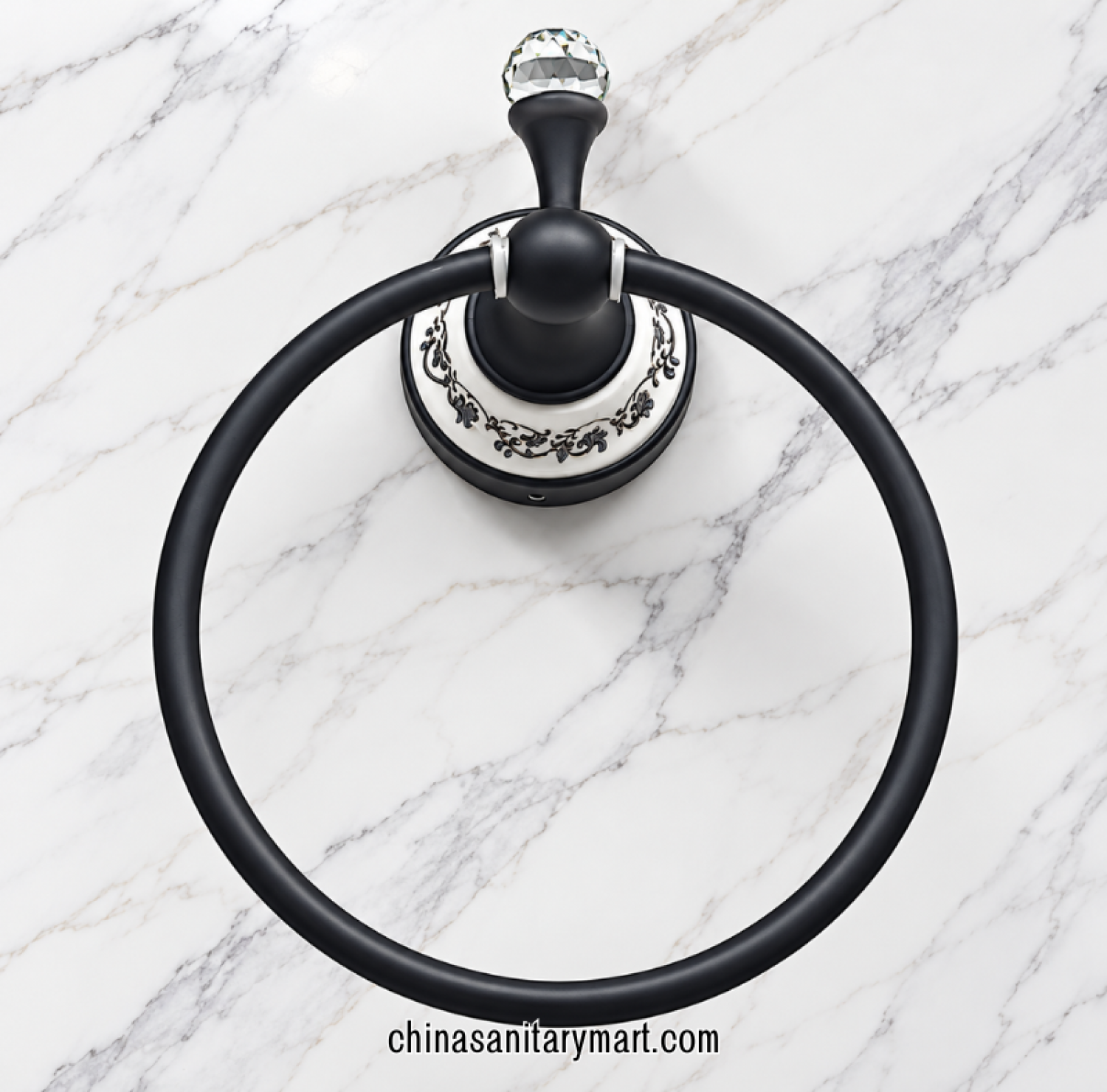 white marble and stone black towel ring, decorative black bathroom towel holder, circular black towel ring, ornamental marble-style towel ring, black hand towel holder