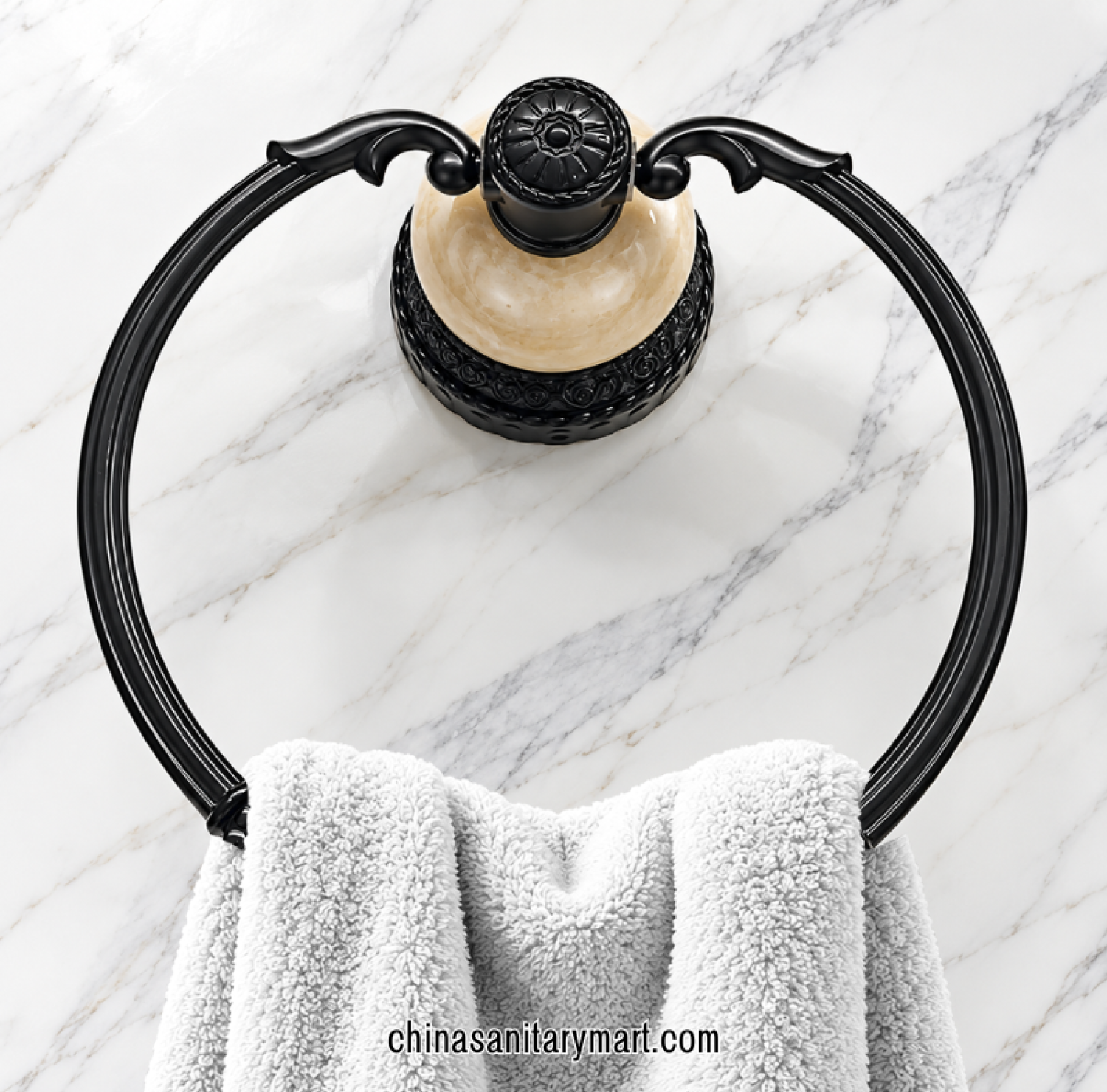 ivory marble towel ring black, black circular bathroom towel holder, decorative ivory marble towel ring, ornamental black towel ring, luxury bathroom hand towel holder
