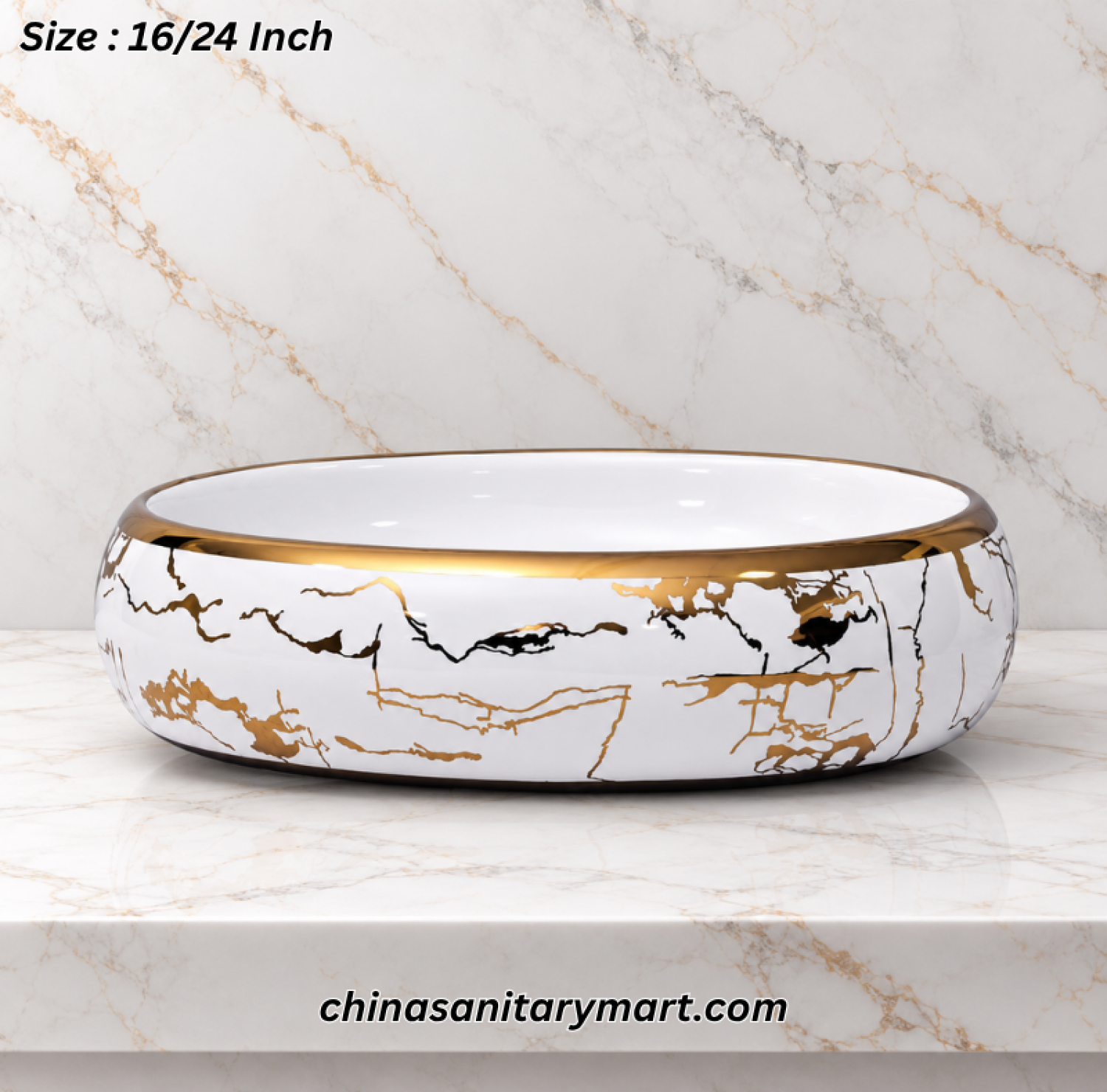 White egg shape basin, 24x16 vessel basin, gold pattern ceramic basin, luxury art basin, modern bathroom washbasin, designer vanity basin, elegant white basin, high-end vessel basin, bathroom decor, contemporary bathroom fixtures.