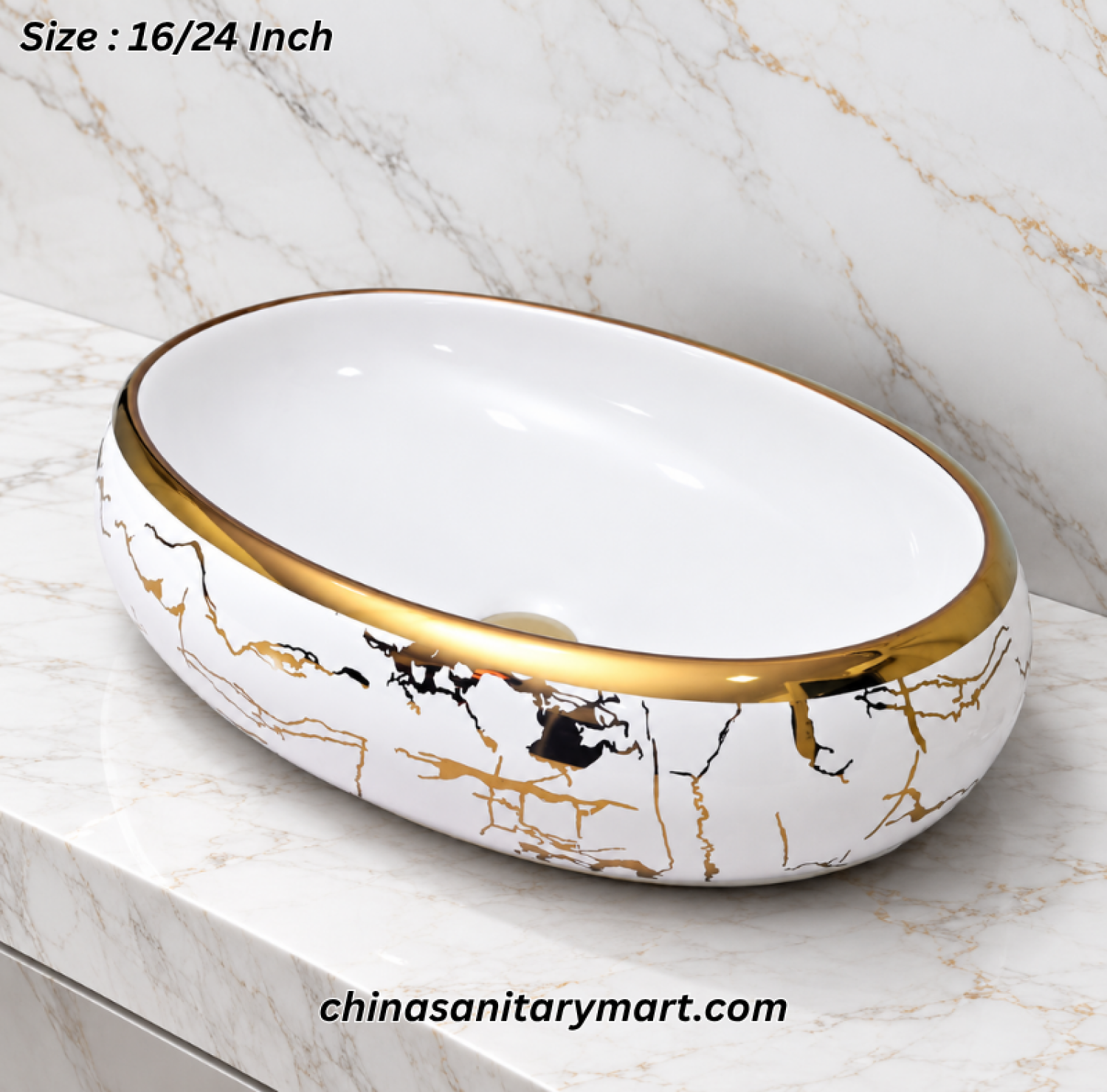 White egg shape basin, 24x16 vessel basin, gold pattern ceramic basin, luxury art basin, modern bathroom washbasin, designer vanity basin, elegant white basin, high-end vessel basin, bathroom decor, contemporary bathroom fixtures.