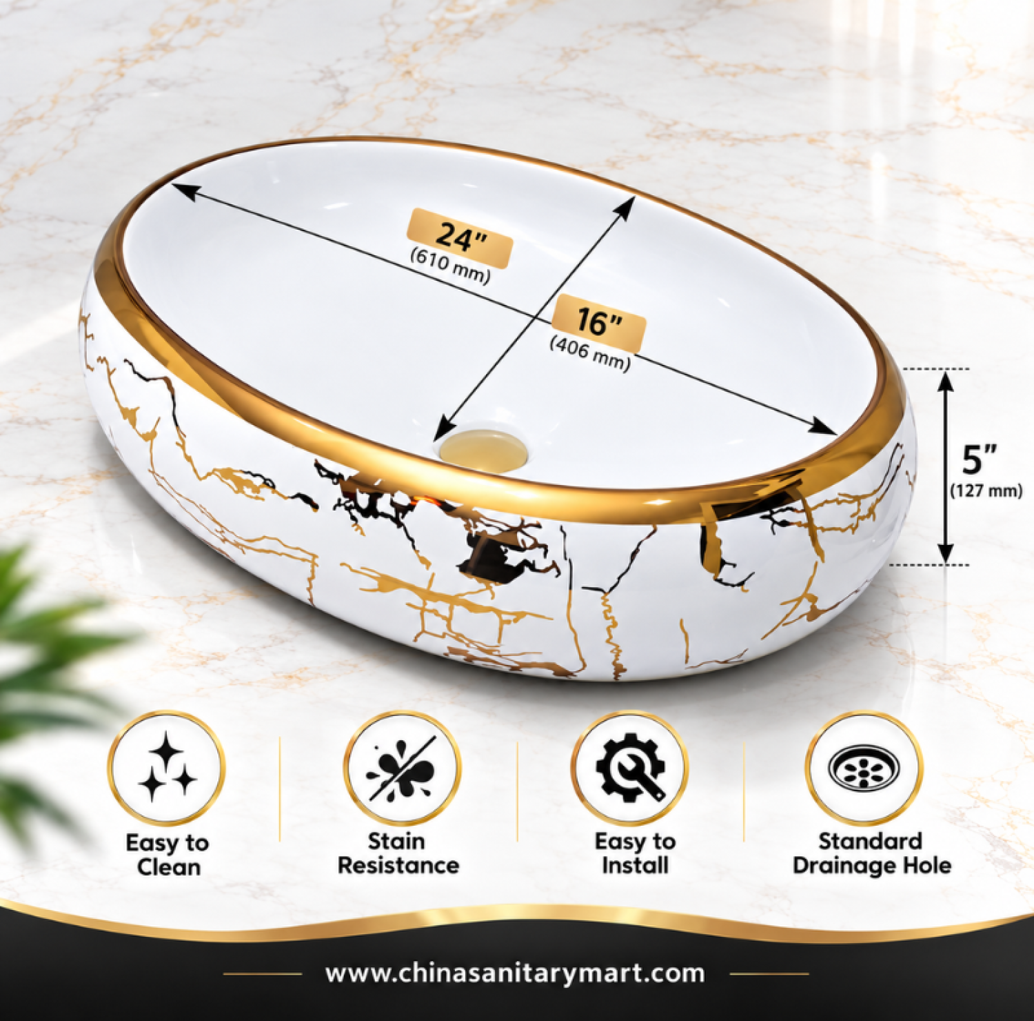 White egg shape basin, 24x16 vessel basin, gold pattern ceramic basin, luxury art basin, modern bathroom washbasin, designer vanity basin, elegant white basin, high-end vessel basin, bathroom decor, contemporary bathroom fixtures.
