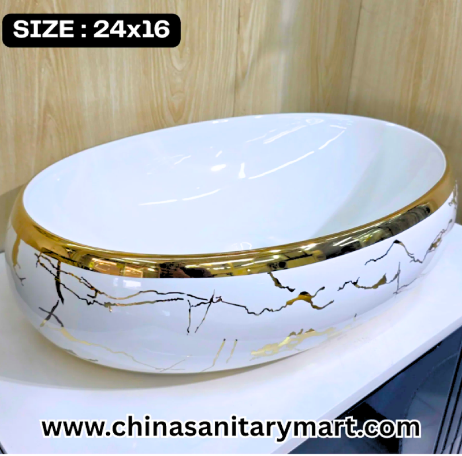 White egg shape basin, 24x16 vessel basin, gold pattern ceramic basin, luxury art basin, modern bathroom washbasin, designer vanity basin, elegant white basin, high-end vessel basin, bathroom decor, contemporary bathroom fixtures.