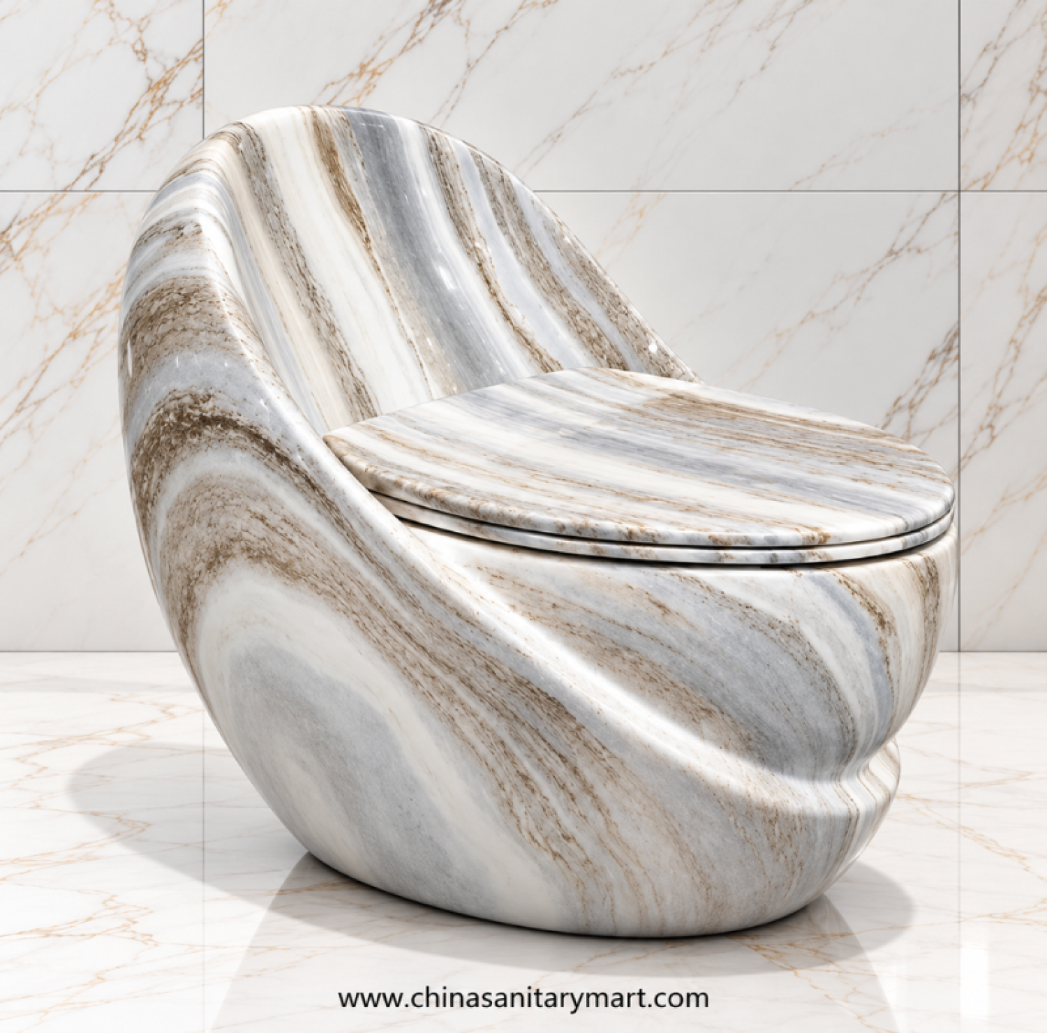 IS-T406D Unique Marble Shed Egg Shape Commode with premium grey and white marble finish, luxury one-piece ceramic floor-mounted toilet featuring a soft close white seat for modern designer bathrooms by China Sanitary Mart.