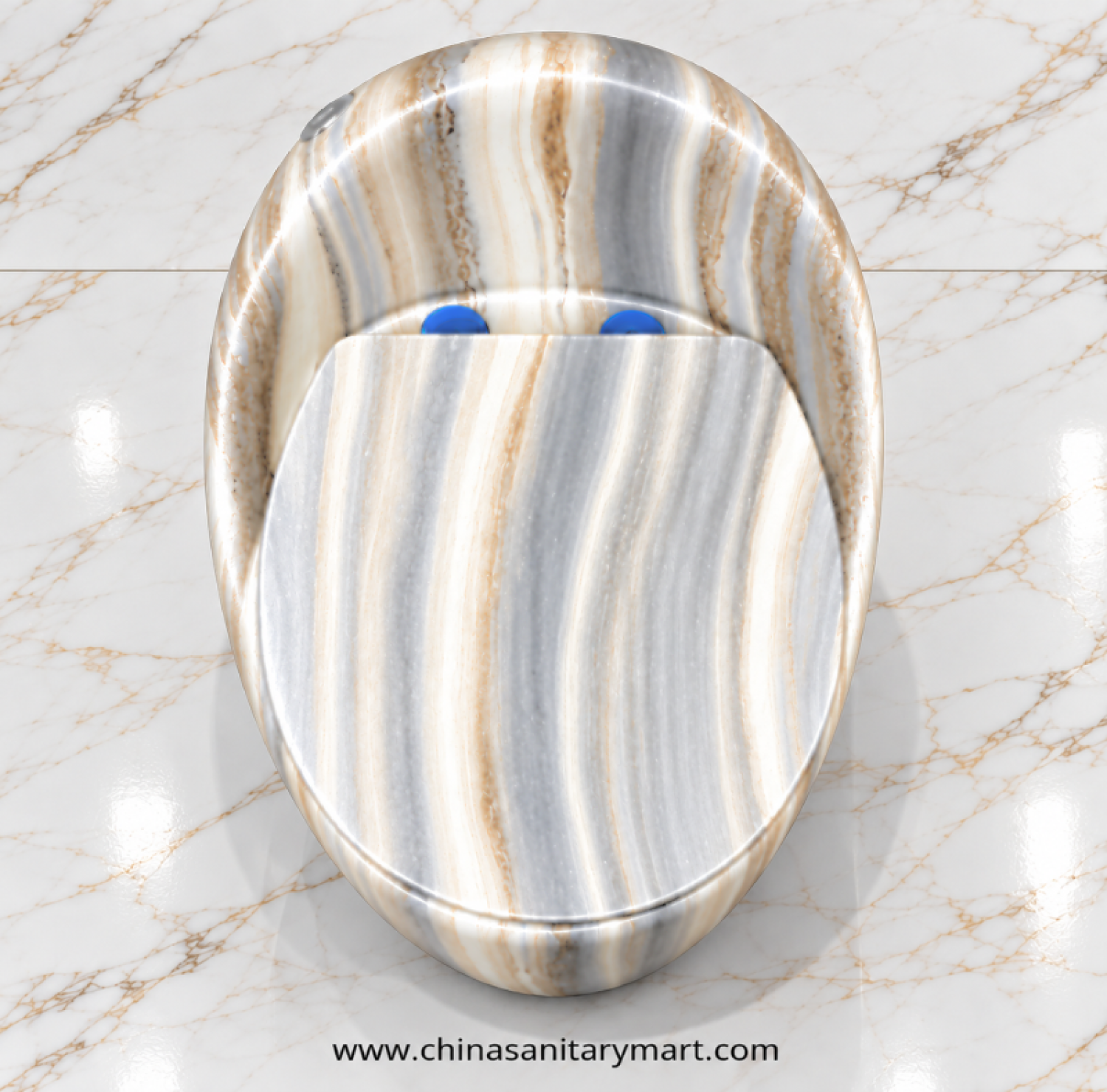 IS-T406D Unique Marble Shed Egg Shape Commode with premium grey and white marble finish, luxury one-piece ceramic floor-mounted toilet featuring a soft close white seat for modern designer bathrooms by China Sanitary Mart.